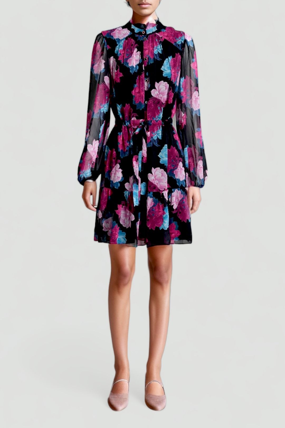 Portmans Black Pink High Neck Floral Mini Dress
