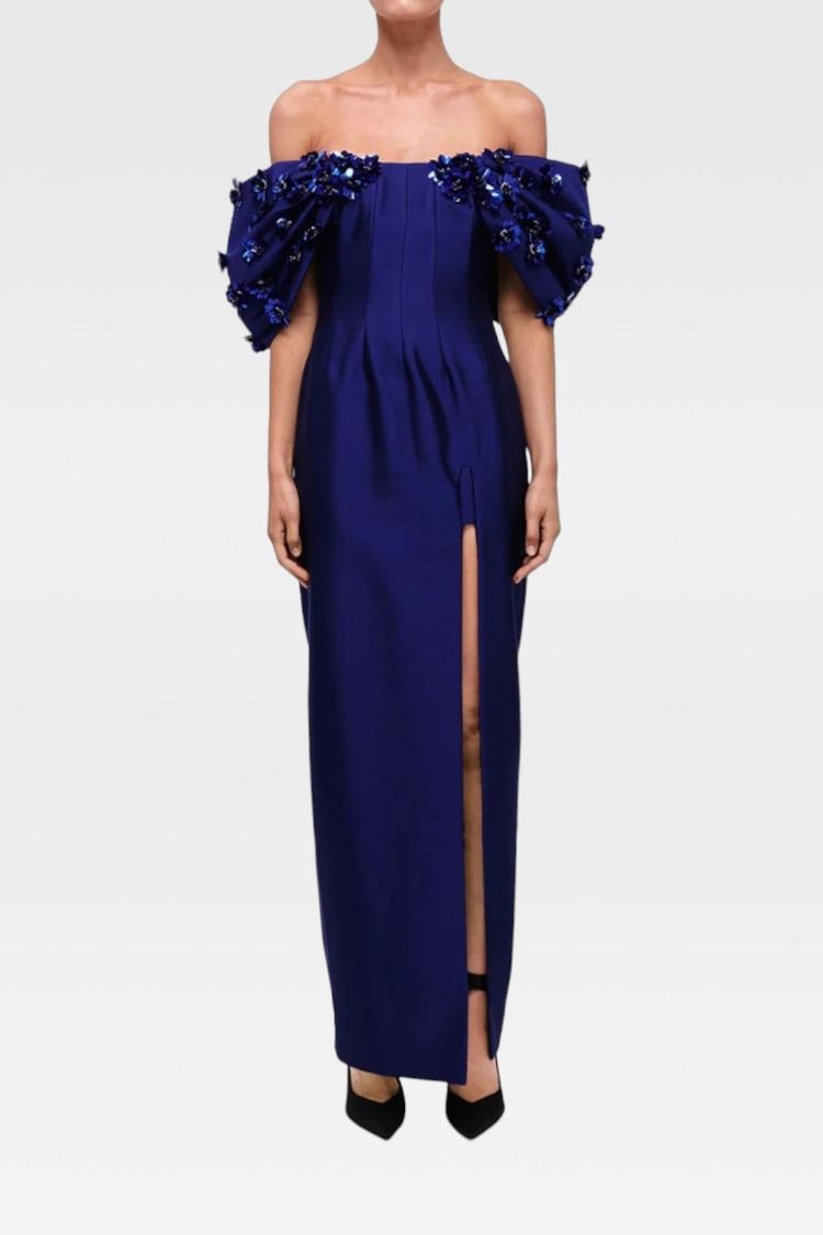 Rachel Gilbert Off Shoulder Vito Gown in Navy 