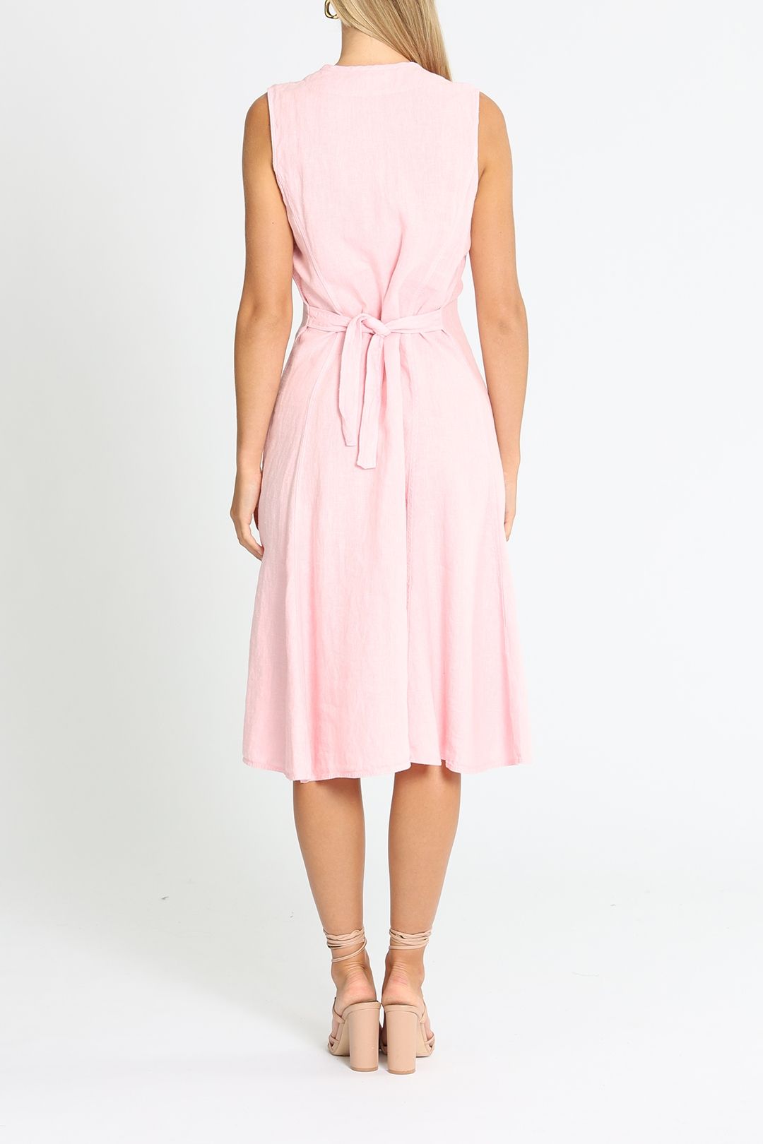 Ralph Lauren Linen Midi Dress Pink Waist Tie