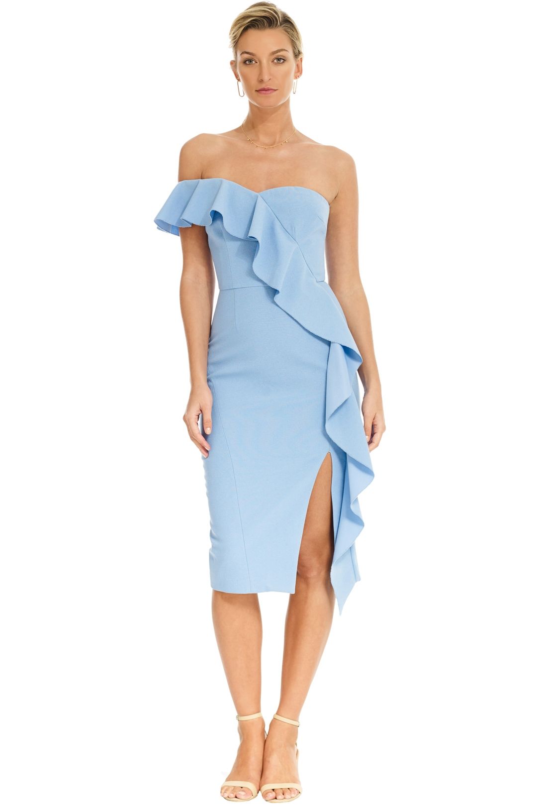 blue strapless midi dress
