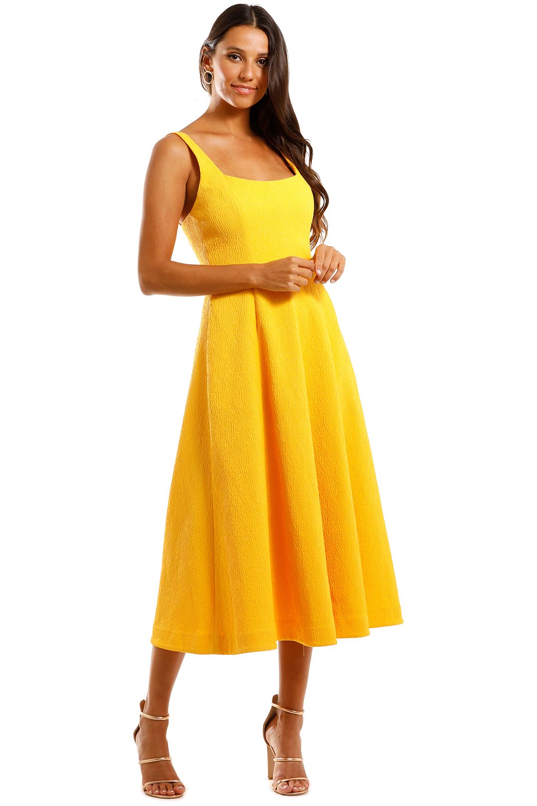 Rebecca Vallance Andie Strap Midi Dress Yellow Straight Neckline