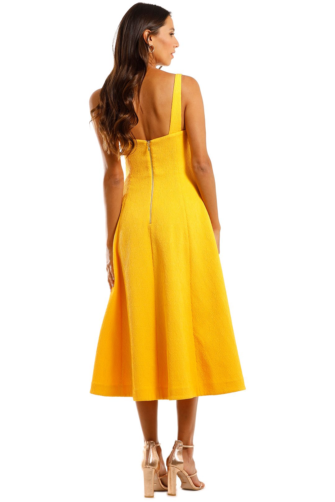 Rebecca Vallance Andie Strap Midi Dress Yellow Flare Skirt