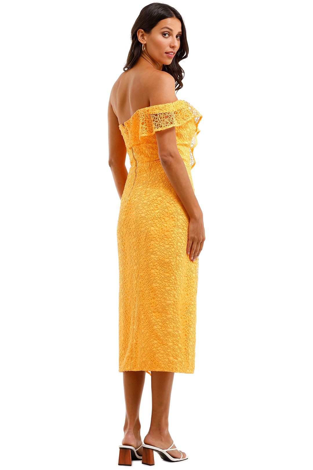 Rebecca Vallance Baha Strapless Midi Lace Dress Yellow Bodycon