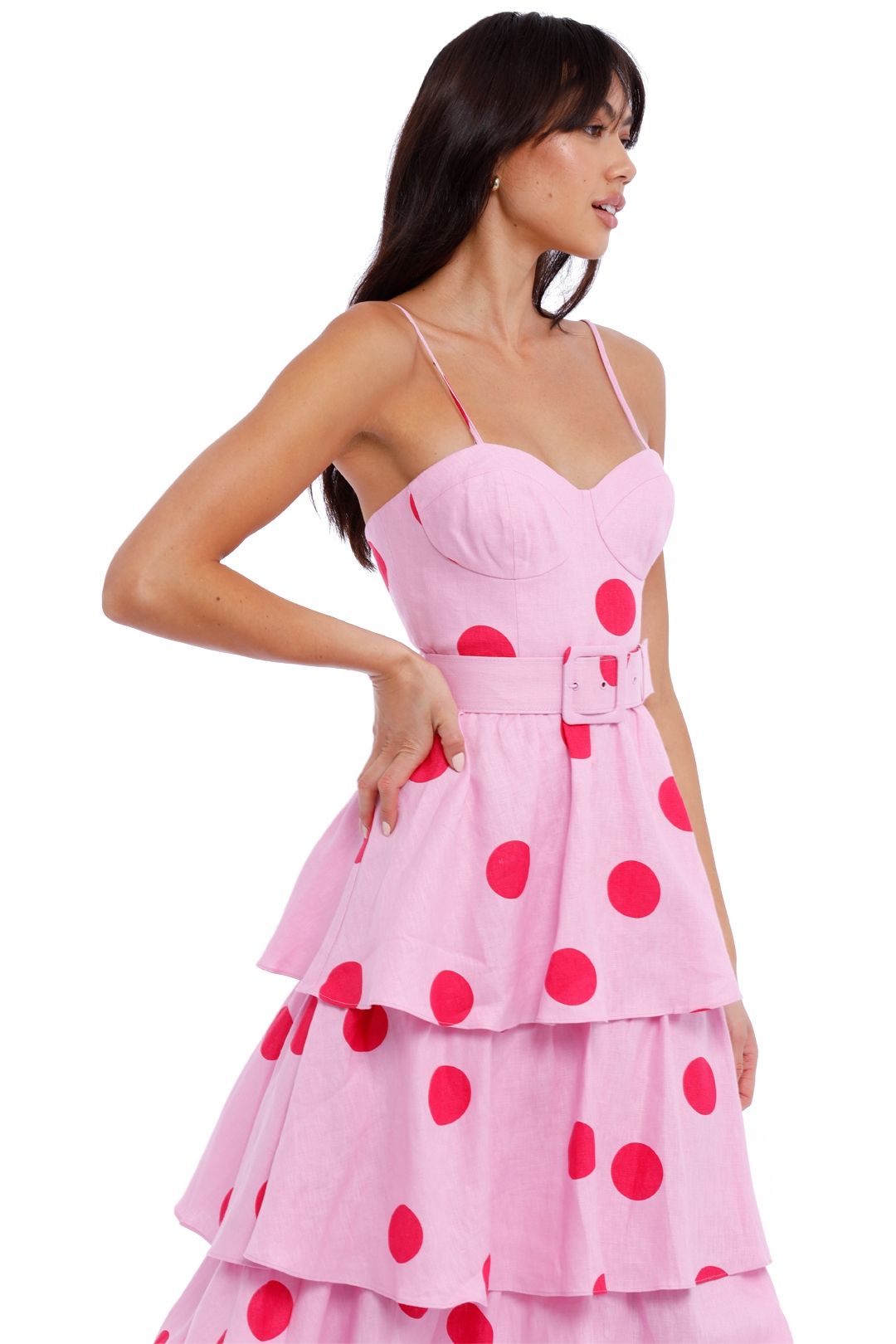 Rebecca Vallance Dalia Midi Dress Pink Polka Dot belted