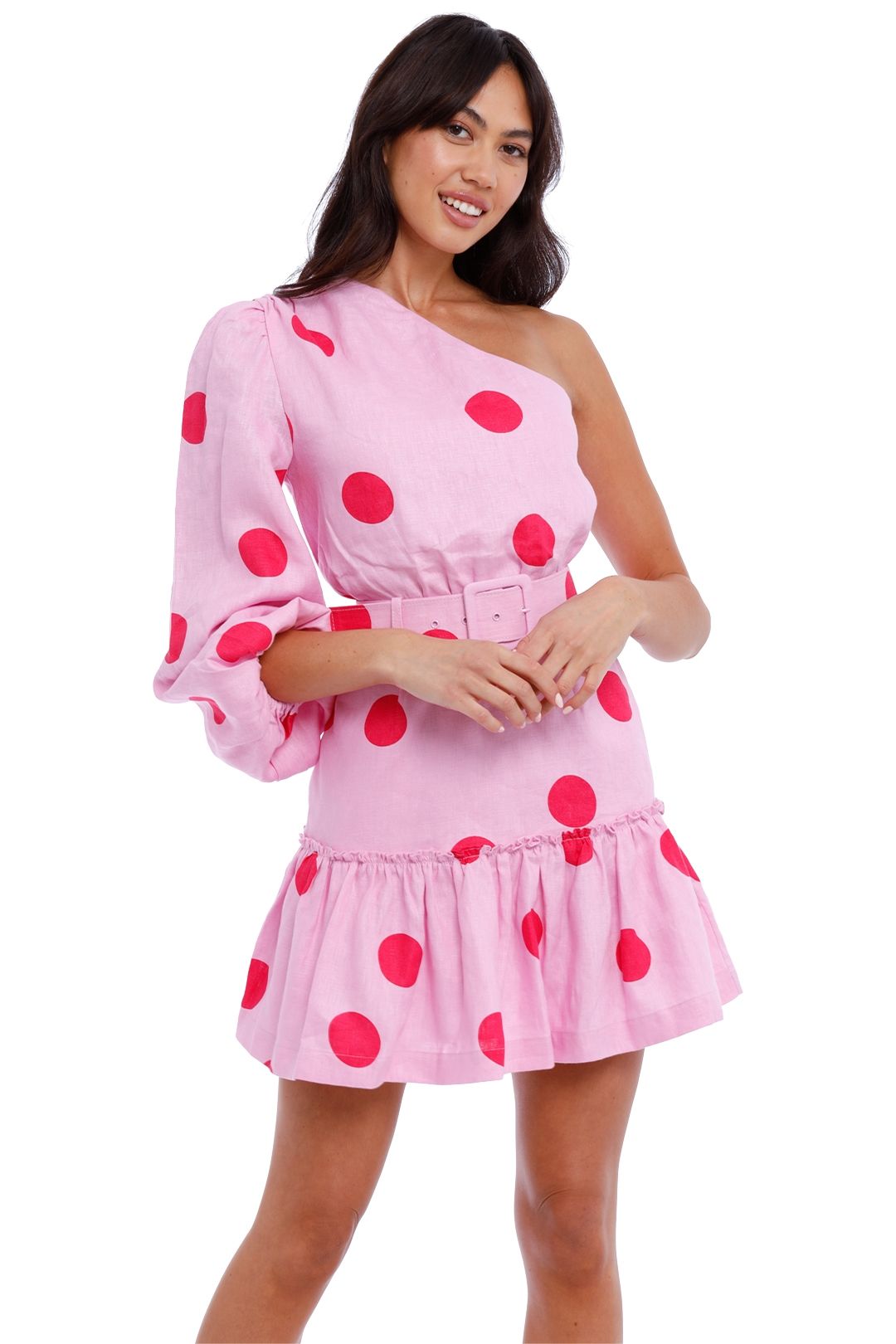Rebecca Vallance Dalia Mini Dress Pink Polka Dot one shoulder