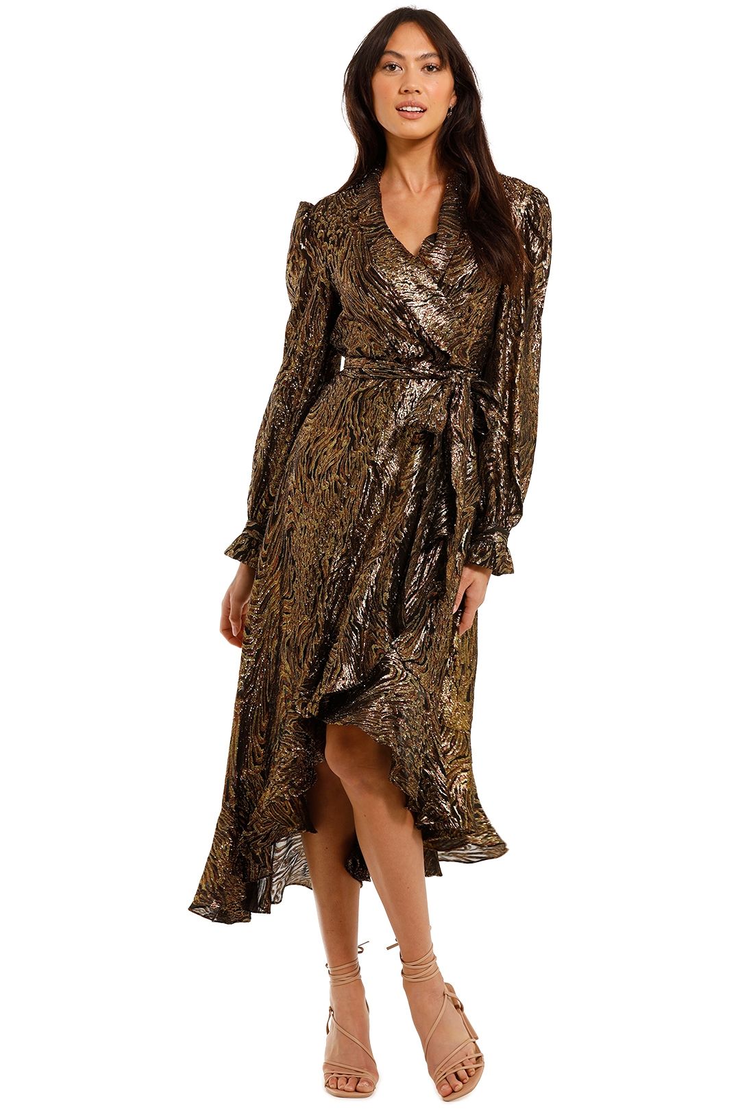 Rebecca Vallance Quixote Midi Dress Gold Dark wrap