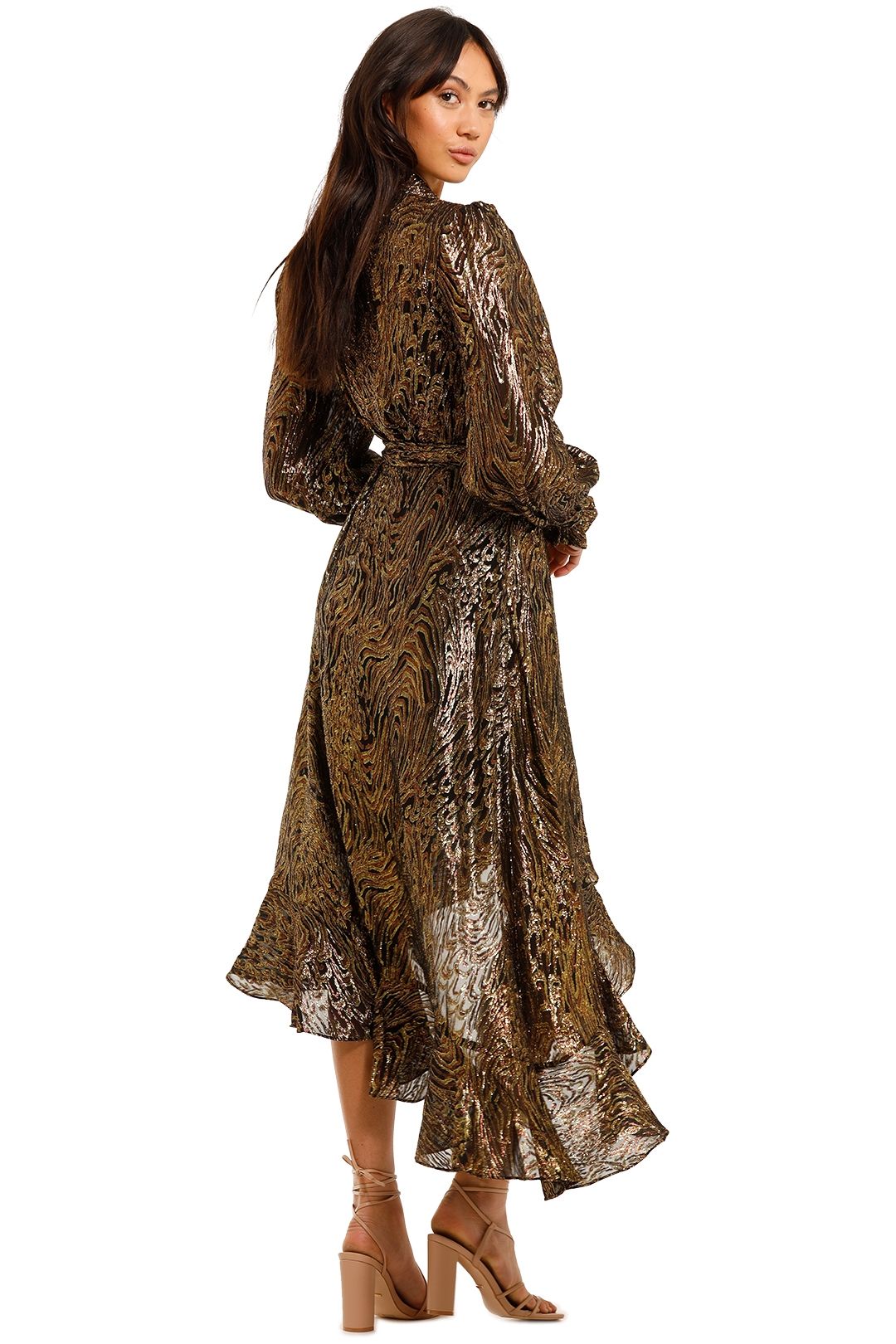 Rebecca Vallance Quixote Midi Dress Gold Dark long sleeve