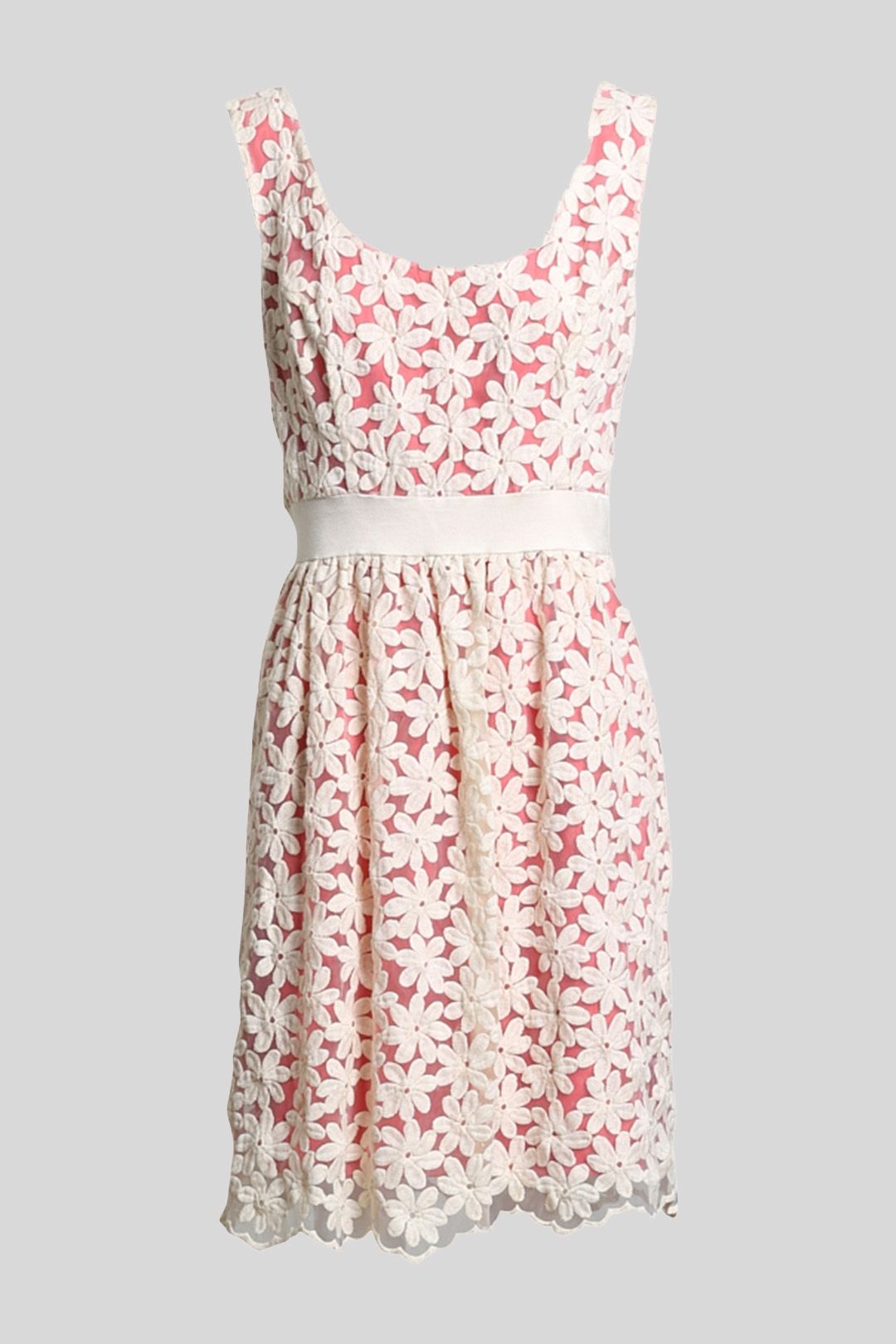 Coral and White Floral Embroidered Dress