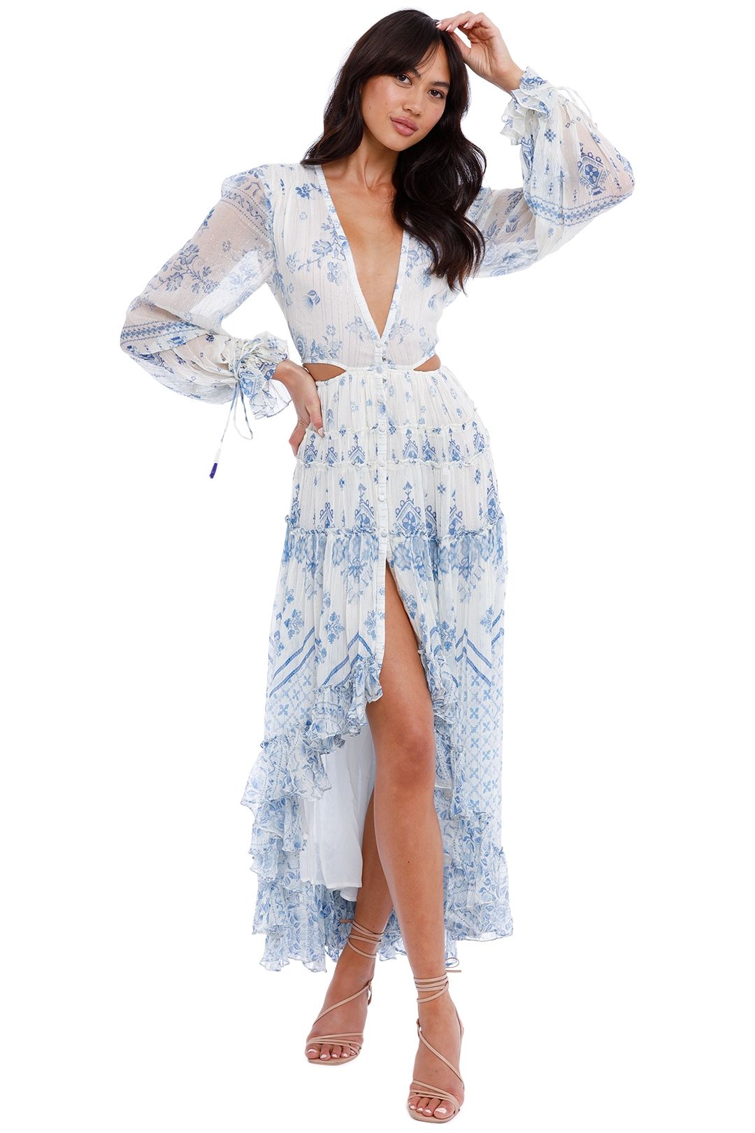 Rococo Sand Leas Dress Blue Print ruffle