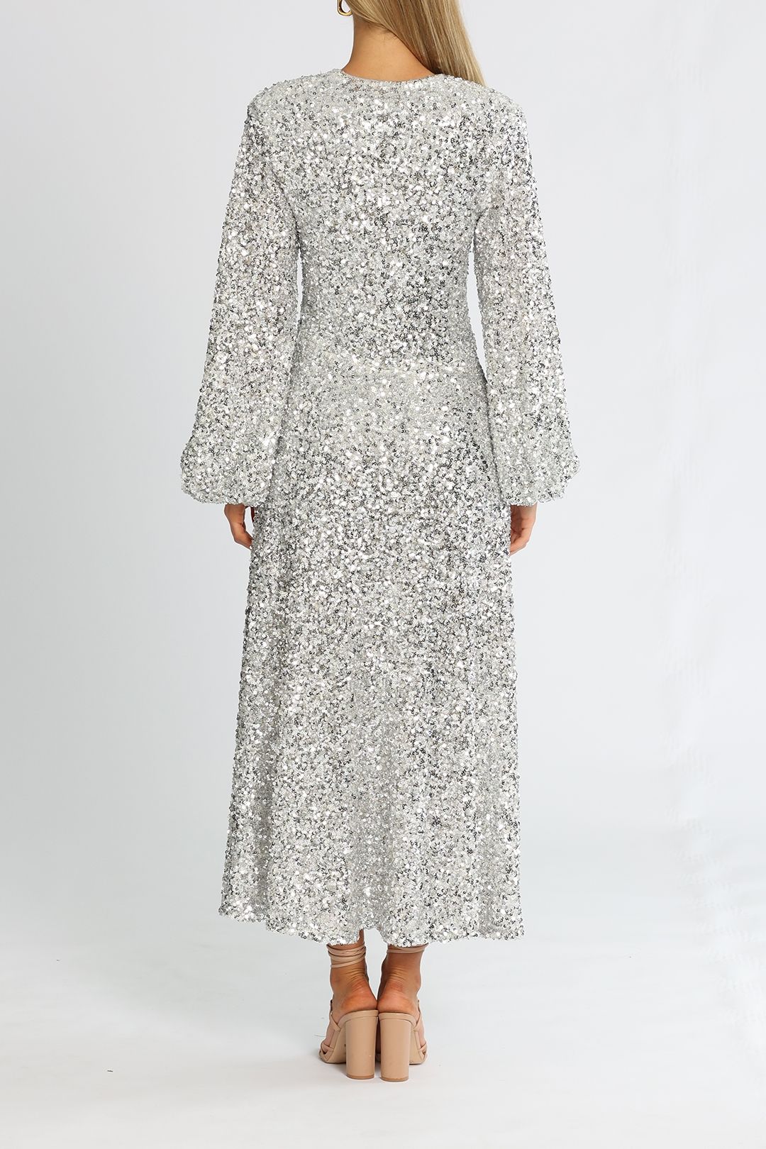 Rotate By Birger Christensen Sirin Silver Dress Balloon Sleeves