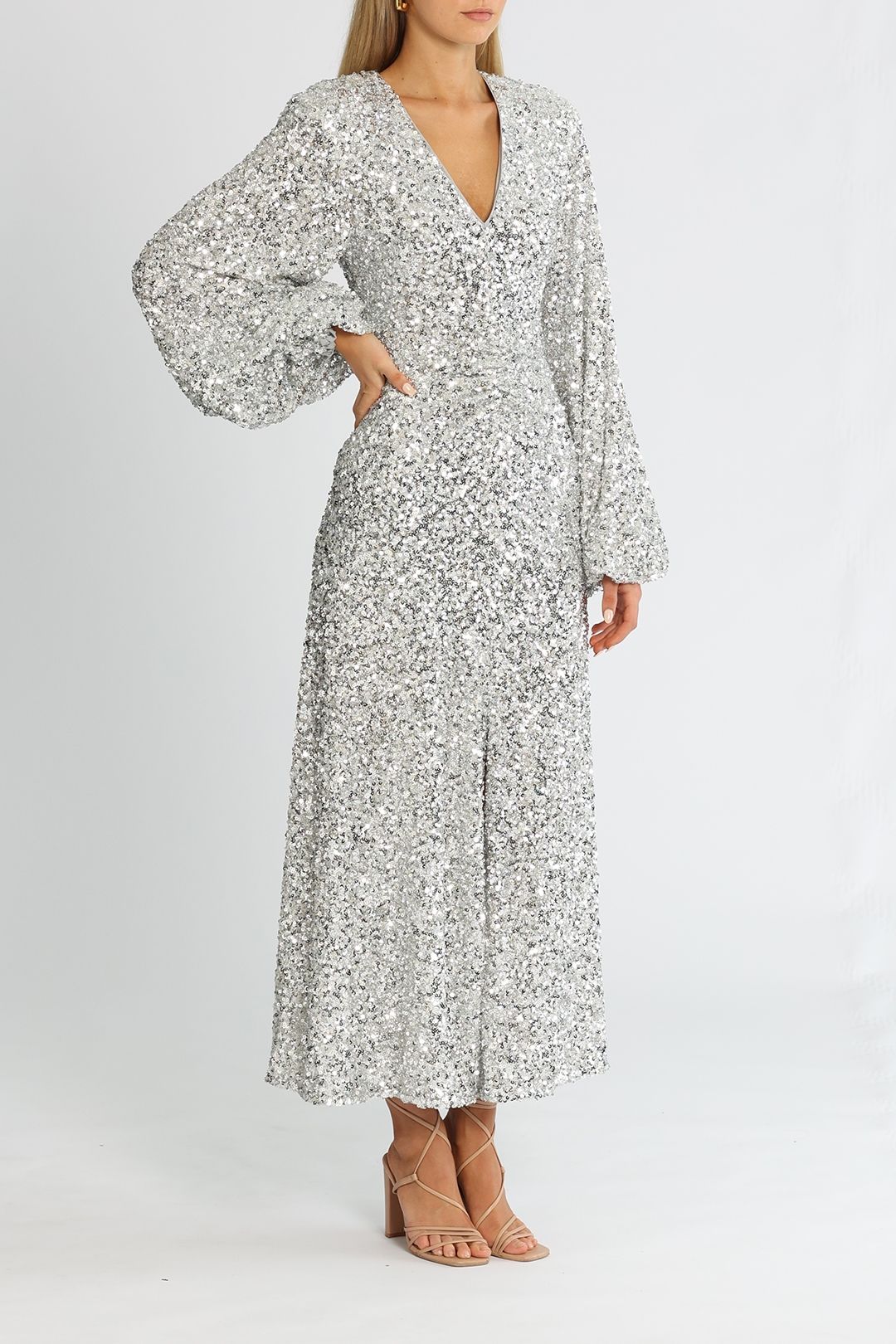 Rotate By Birger Christensen Sirin Silver Dress V Neckline