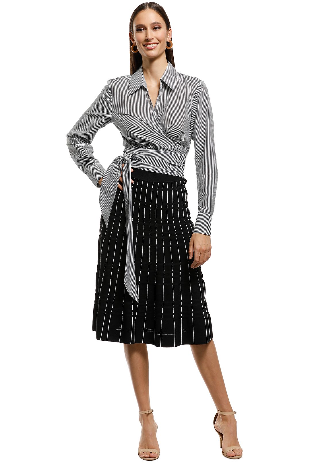 Saba - Lola Cotton Silk Wrap Top - BlackWhite - Front