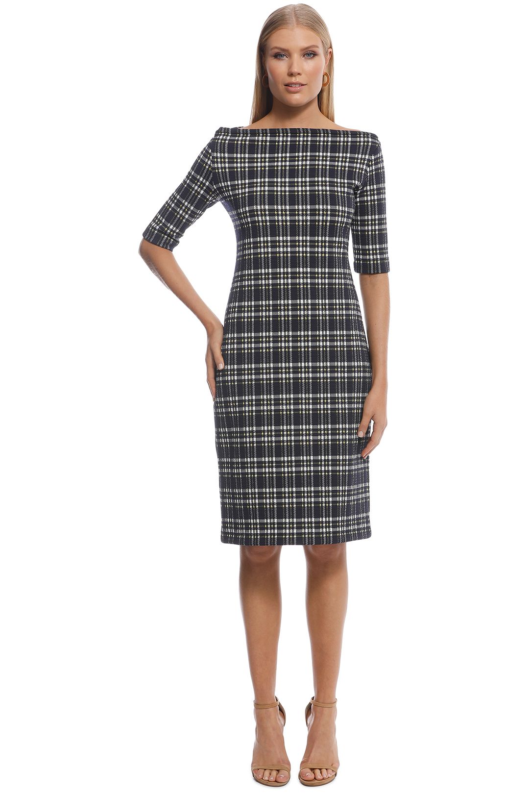 Scanlan Theodore - Plaid Boat Neck Dress - Navy Yellow - Front