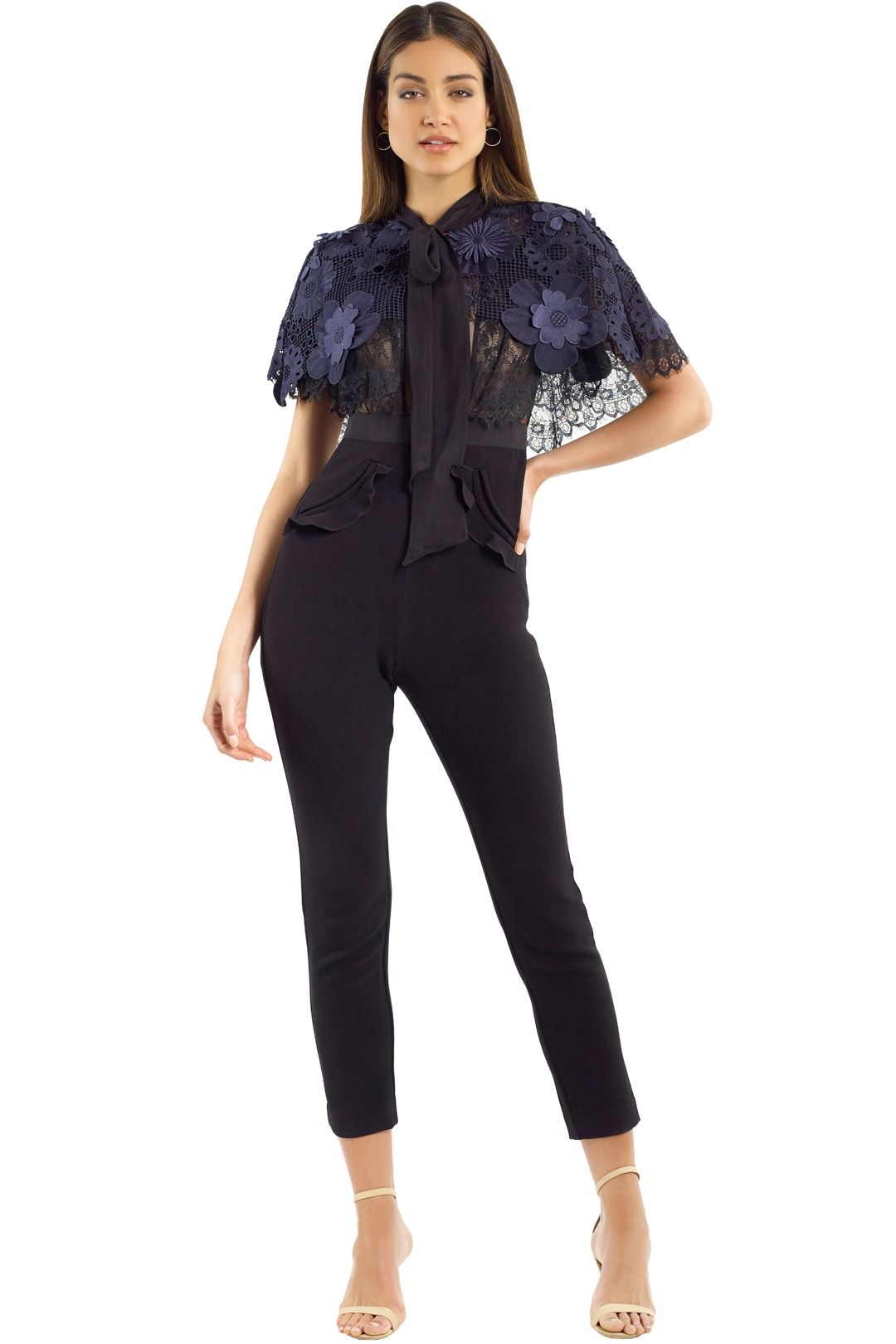 Self Portrait - 3D Floral Mesh Cape Jumpsuit - Black - Front