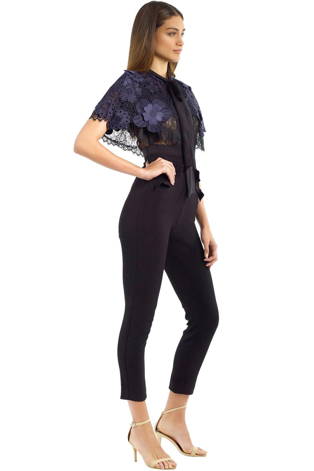 Self Portrait - 3D Floral Mesh Cape Jumpsuit - Black - Side