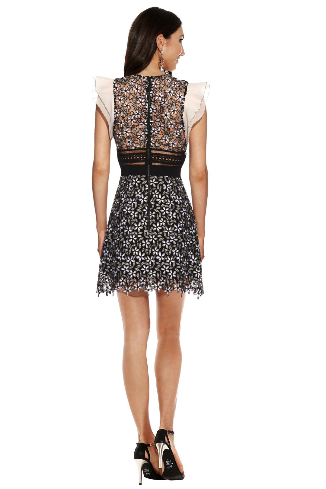 Self Portrait - Frill Sleeved Daisy Guipure Mini Dress - Black and White - Back