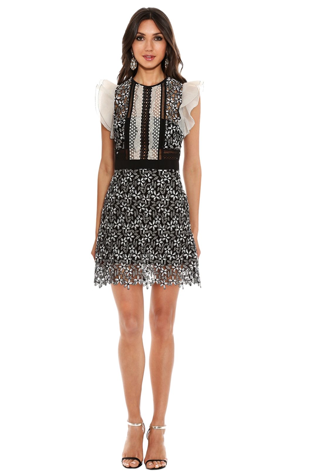 Self Portrait - Frill Sleeved Daisy Guipure Mini Dress - Black and White - Front