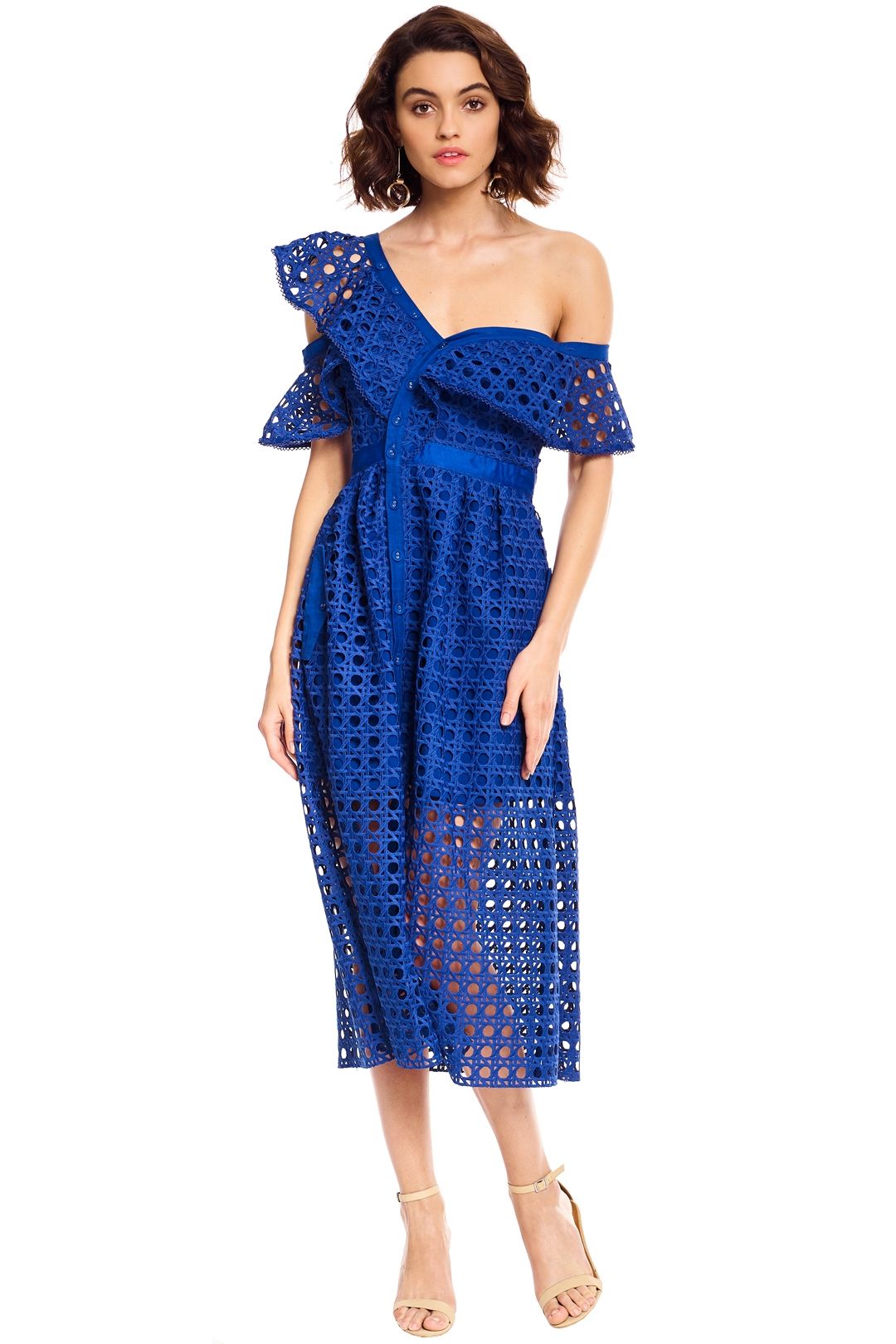 Guipure Frill Dress in Cobalt Blue by Self Portrait for Rent