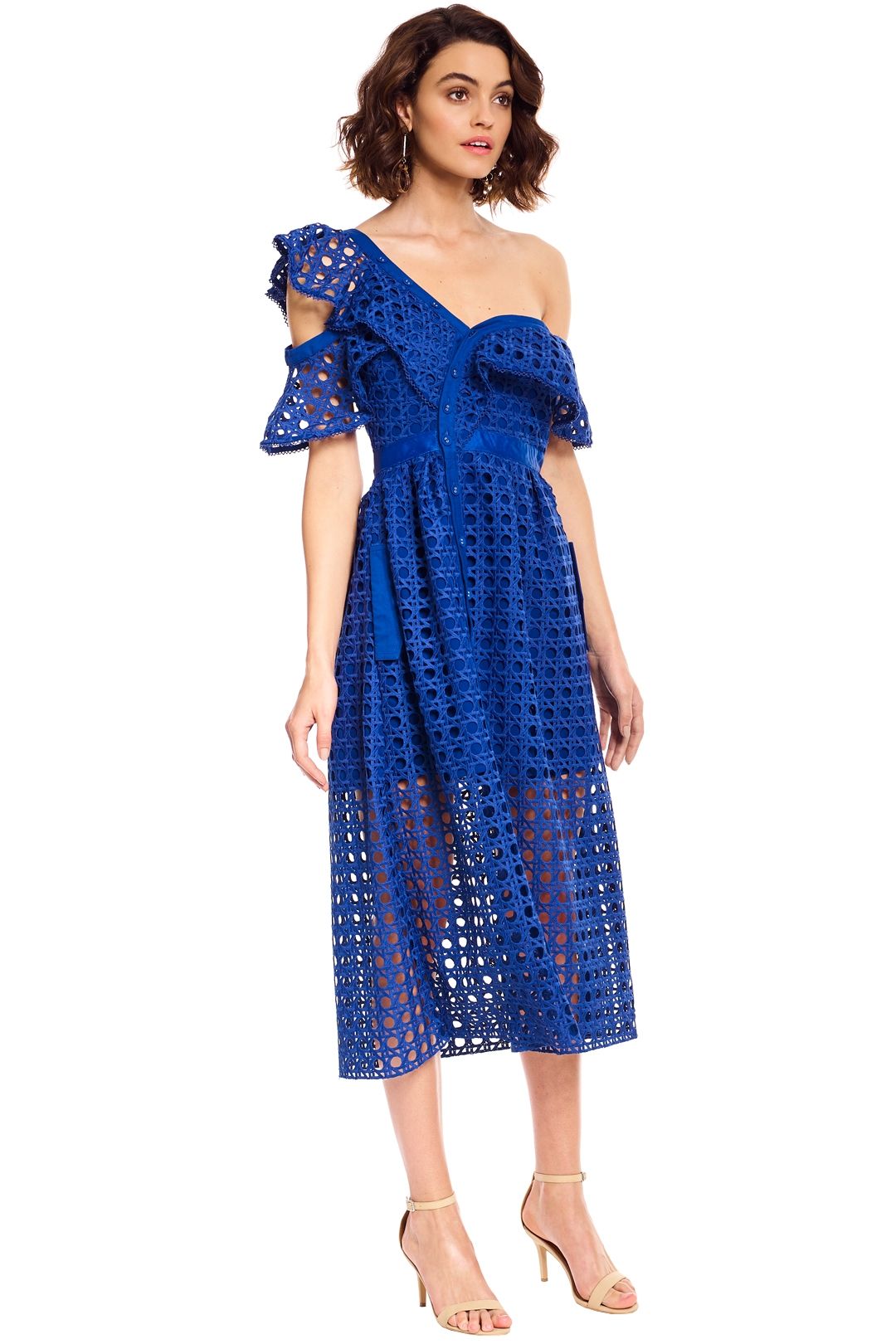 Guipure Frill Dress in Cobalt Blue by Self Portrait for Rent