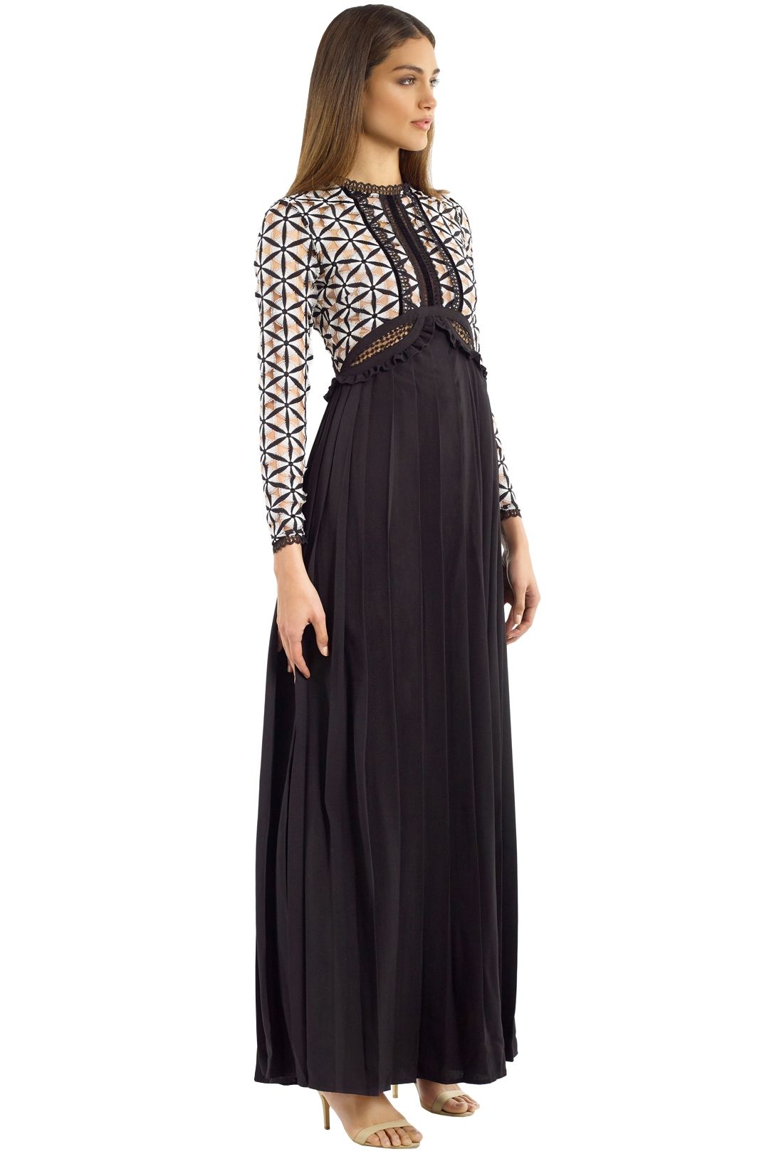 Self Portrait - Guipure Maxi Dress with Waist Cutout - Black White - Side