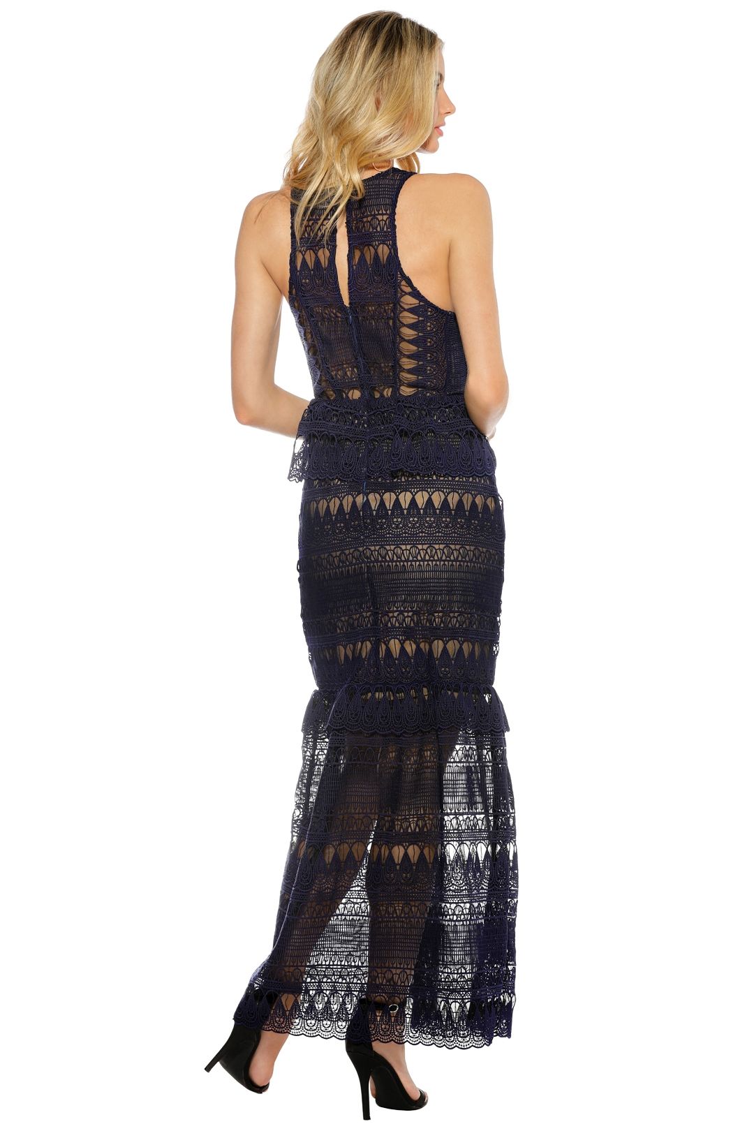 Self Portrait - Teardrop Guipure Paneled Maxi Dress - Navy - Back