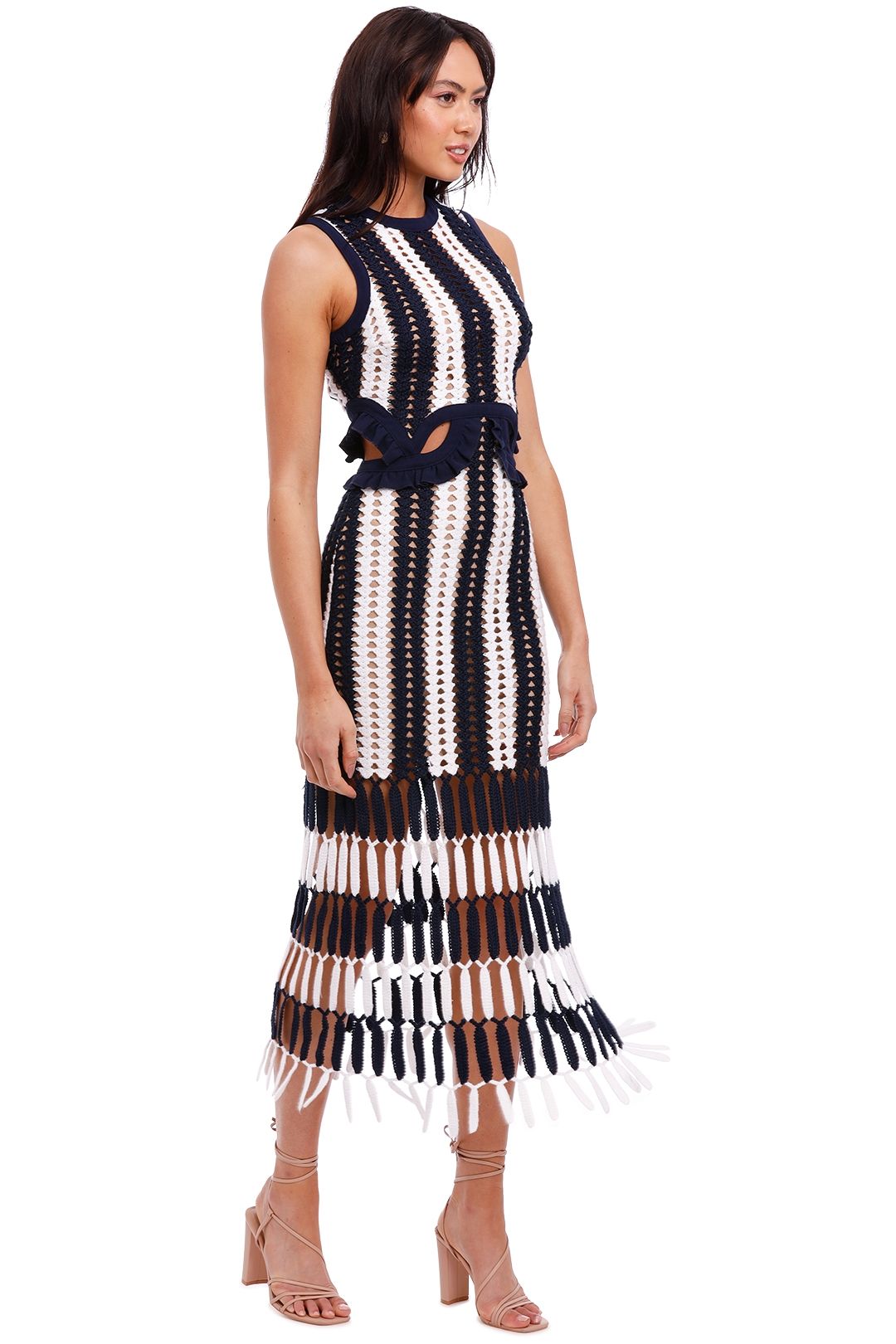 Self Portrait Crochet Cut-Out Midi Dress Navy White