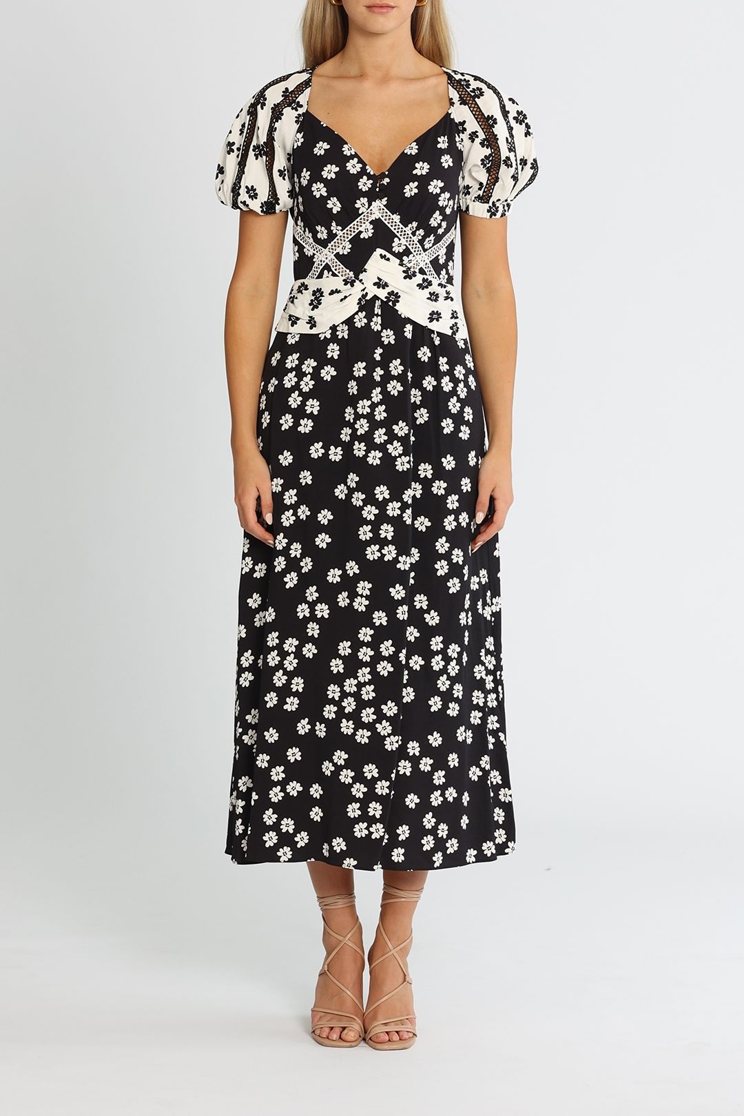 Self Portrait Daisy Printed Midi Dress Black Ivory