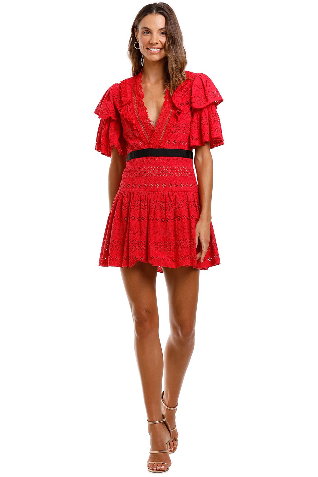 Self Portrait Deep V-Neck Broderie Anglaise Cotton Dress Red Short Sleeves