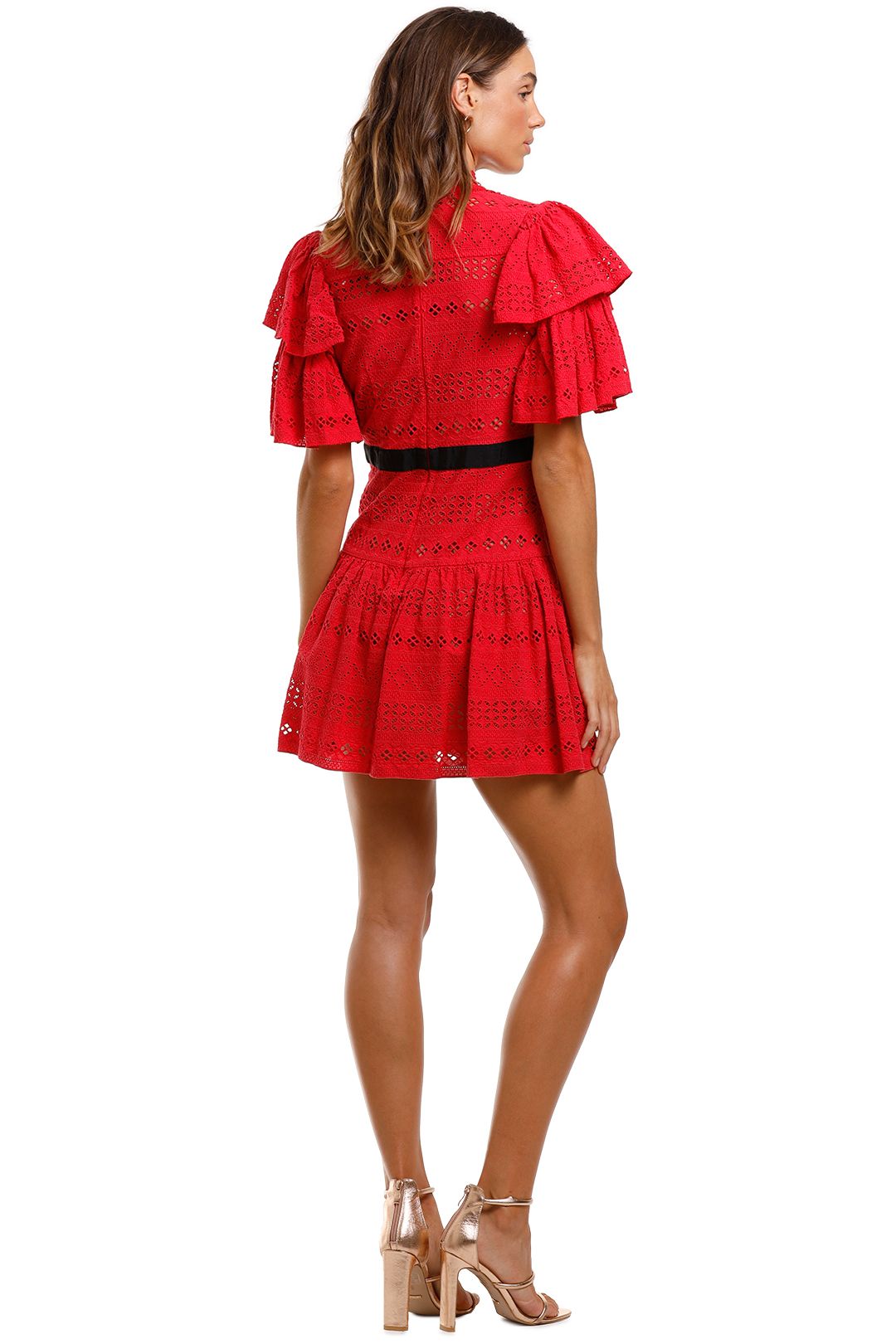 Self Portrait Deep V-Neck Broderie Anglaise Cotton Dress Red