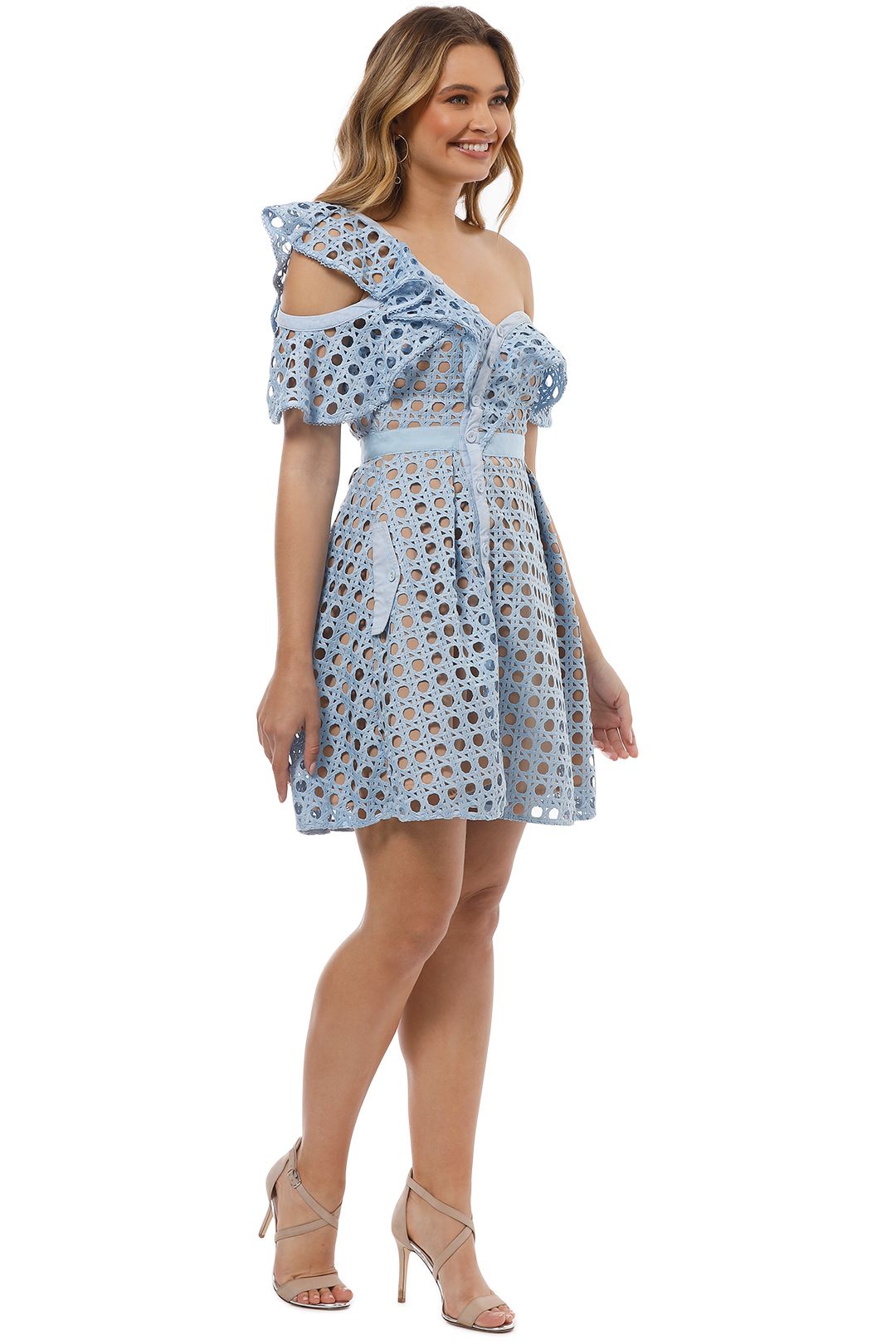 Self Portrait - Guipure Frill Mini Dress - Blue - Side