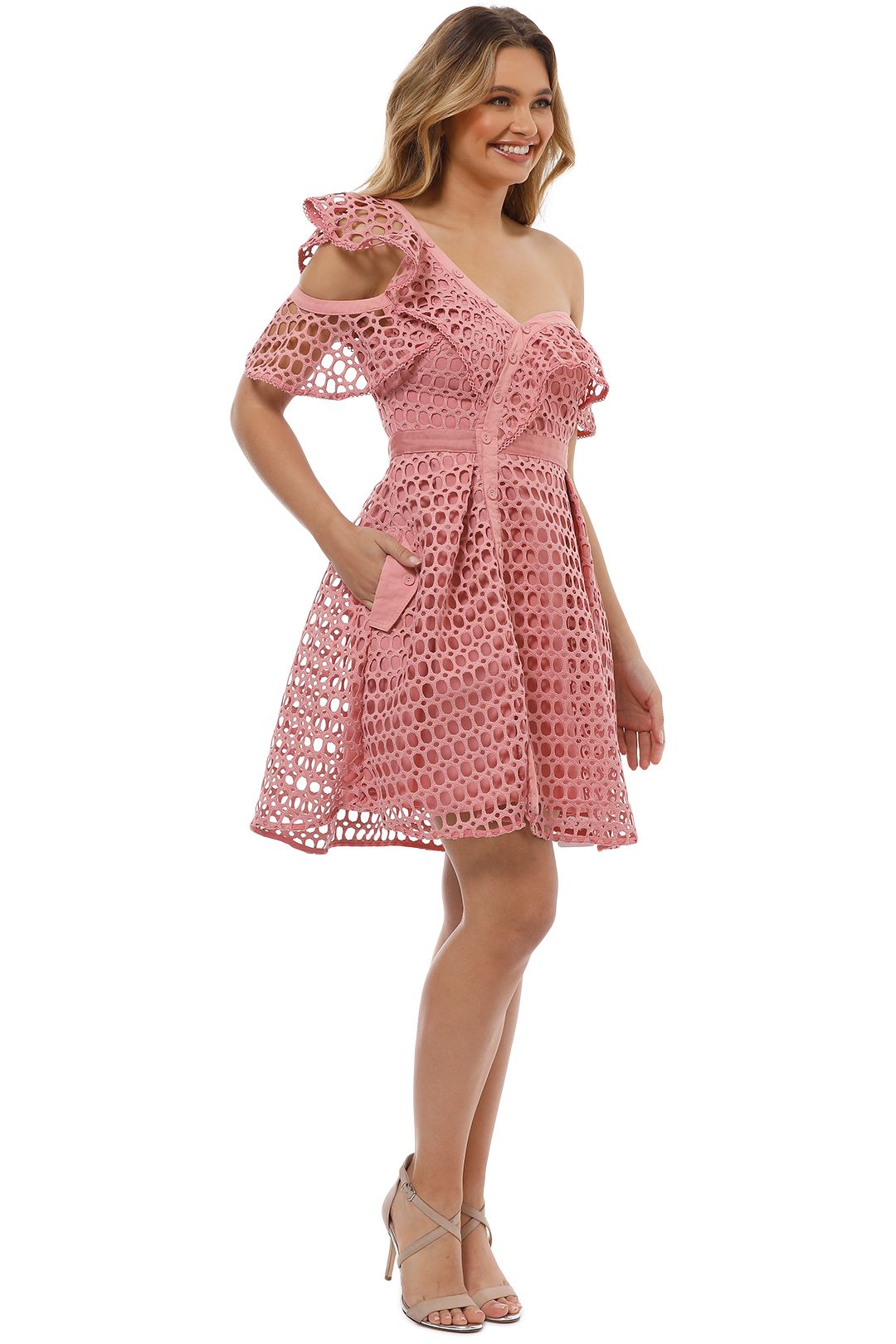 Self Portrait - Lace Frill Mini Dress - Pink - Side 