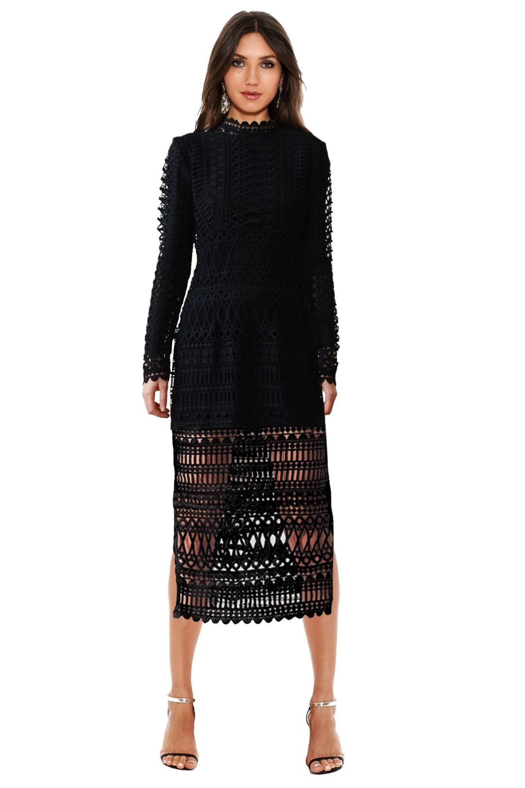 Shakuhachi - Lace Borders Midi Dress - Black - Front