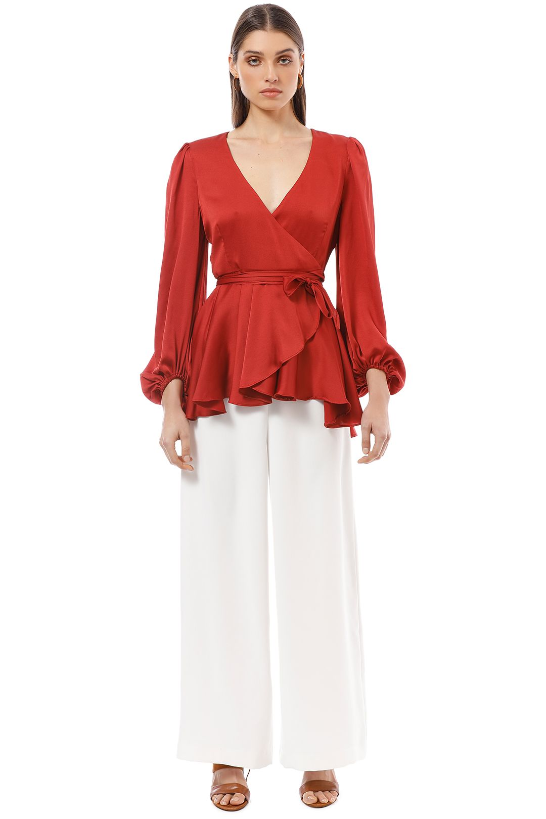 Shona Joy - Anna Puff Sleeve Wrap Blouse - Red - Front