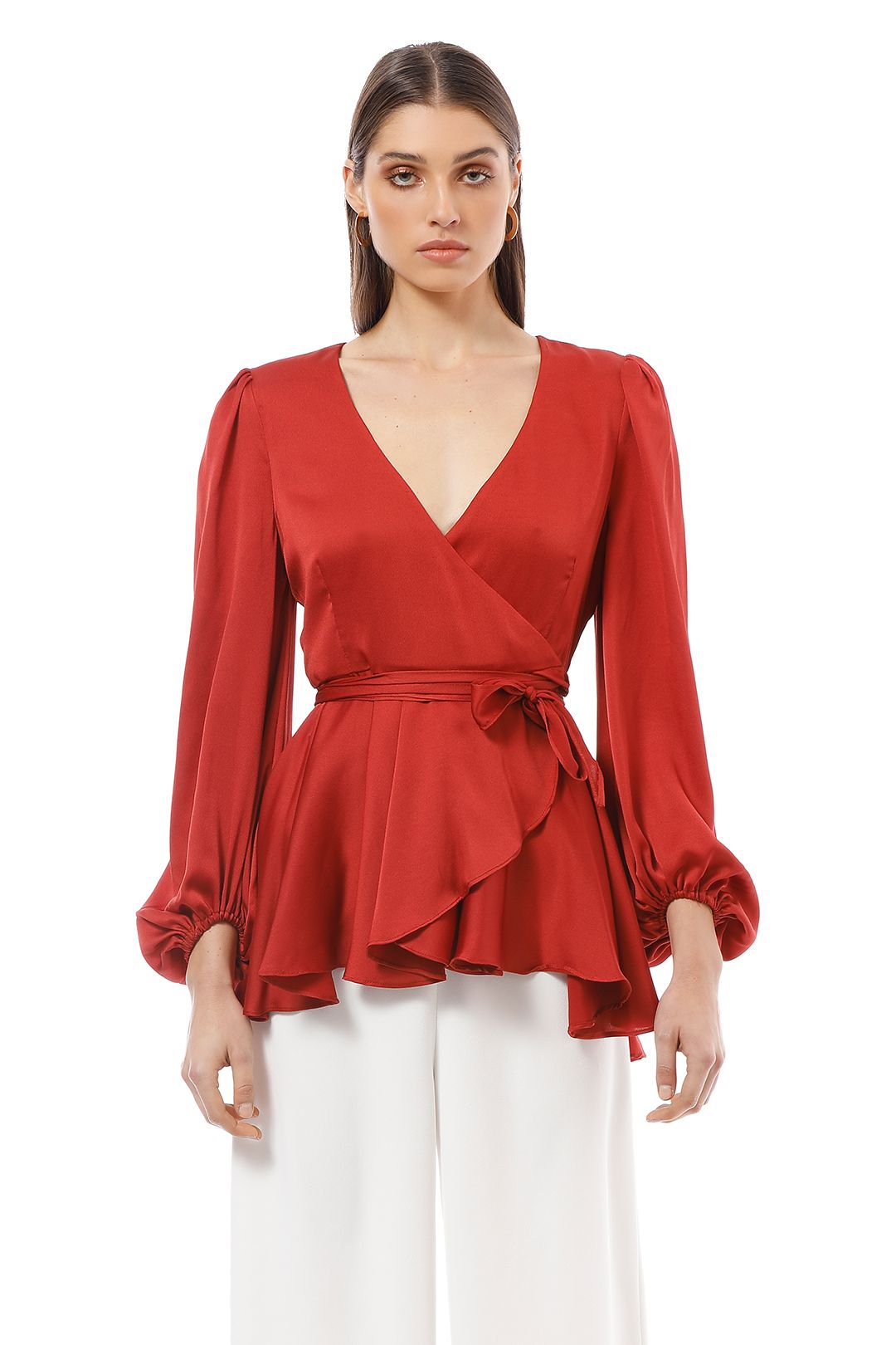 Shona Joy - Anna Puff Sleeve Wrap Blouse - Red - Front Detail