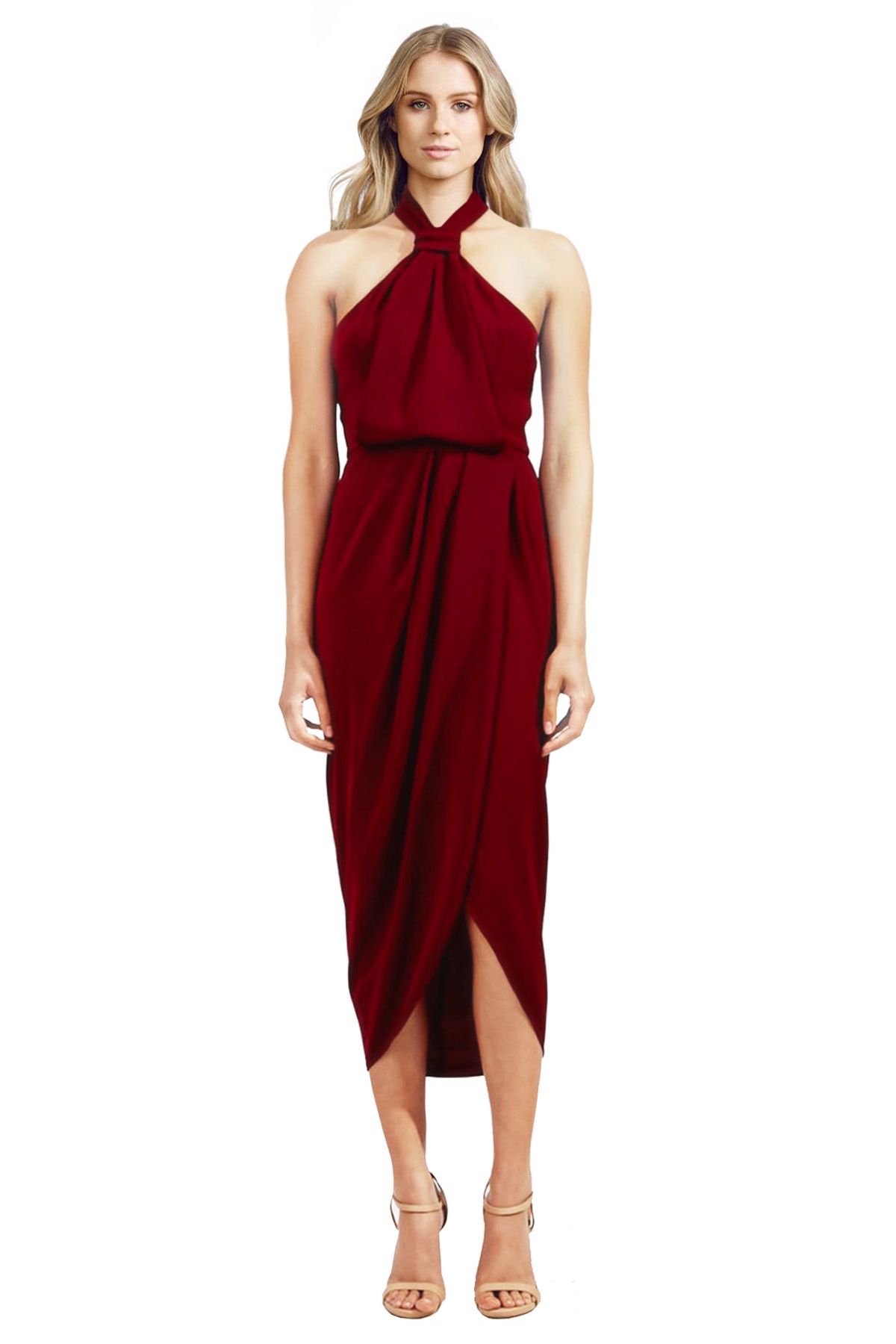 Shona Joy - Burgundy Core Knot Draped Dress - Front