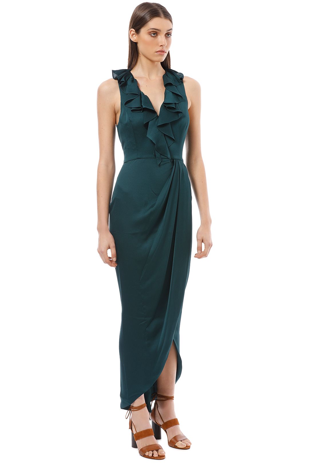 Shona Joy - Plunge Frill Dress - Emerald Green - Side