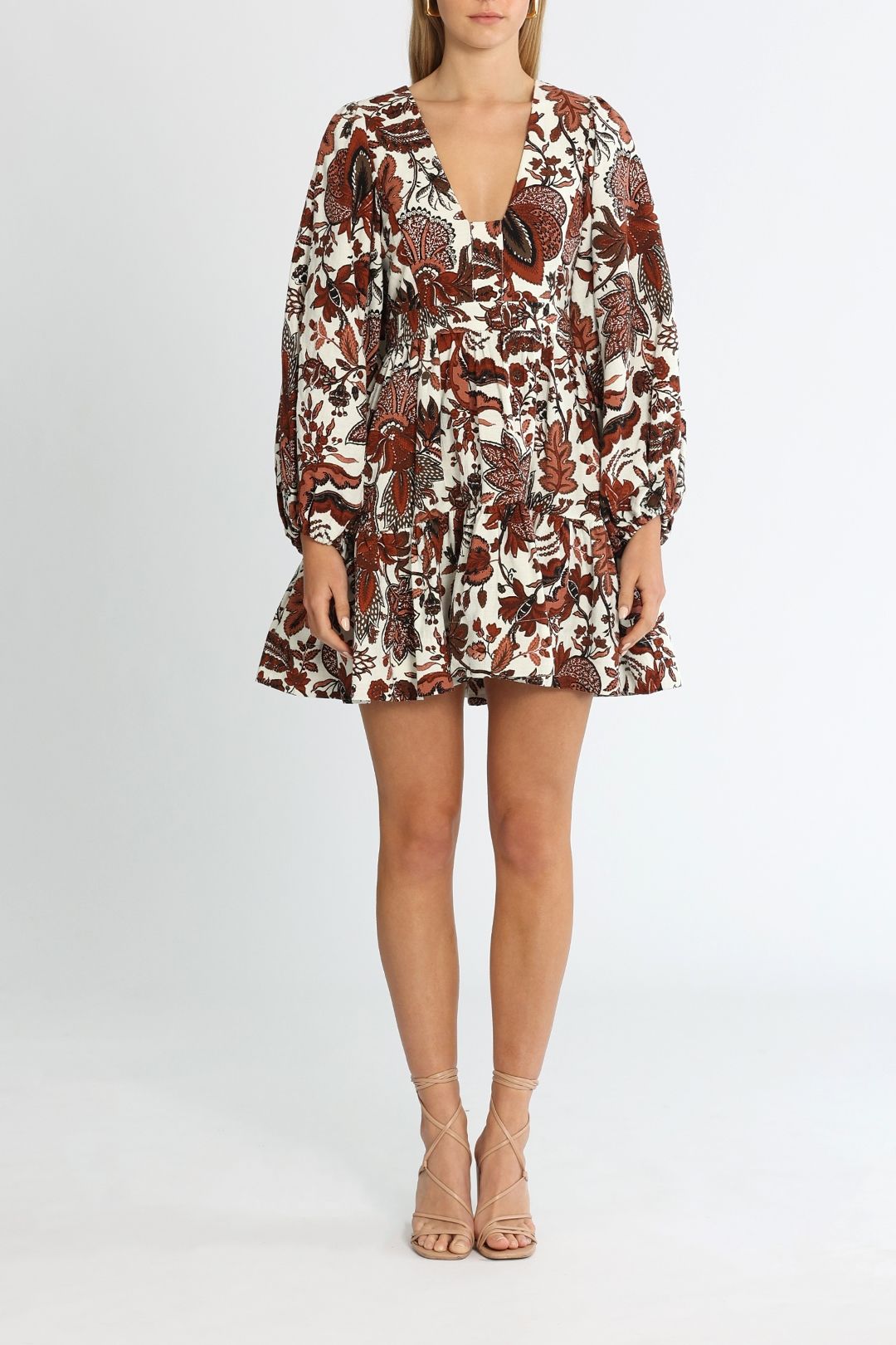 Shona Joy Catalina Plunged Balloon Sleeve Mini Dress Multi