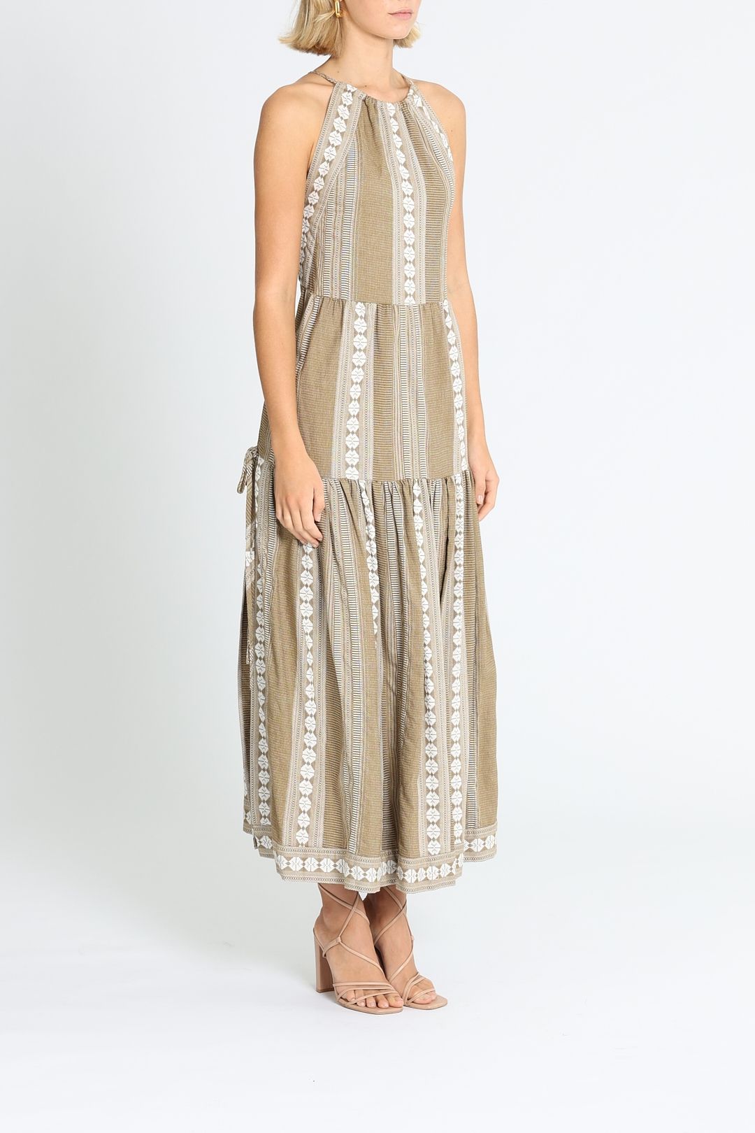 Shona Joy Lizete Backless Halter Midi Dress Cumin Tiered Skirt
