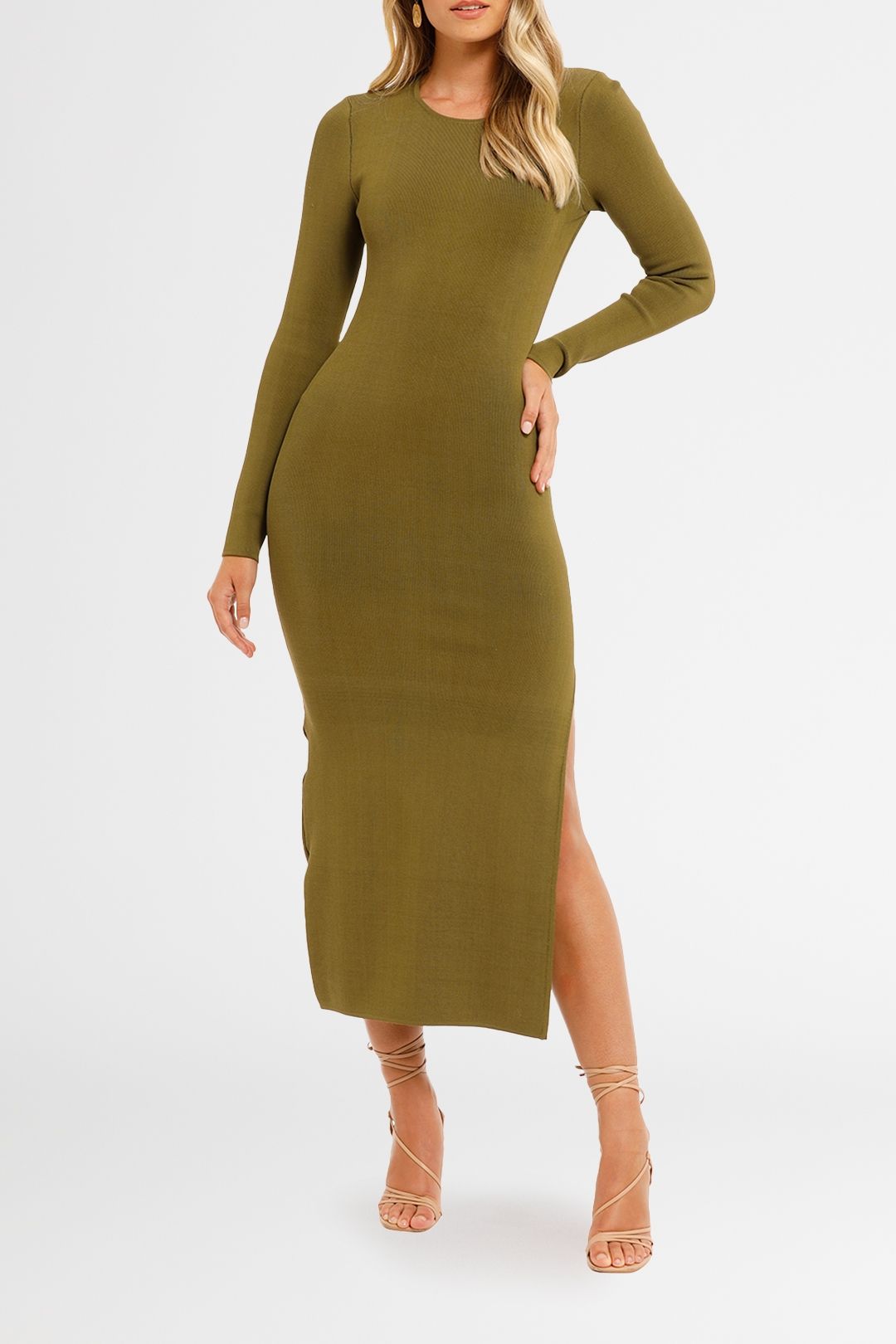 Shona Joy Long Sleeve Backless Midi Dress Olive