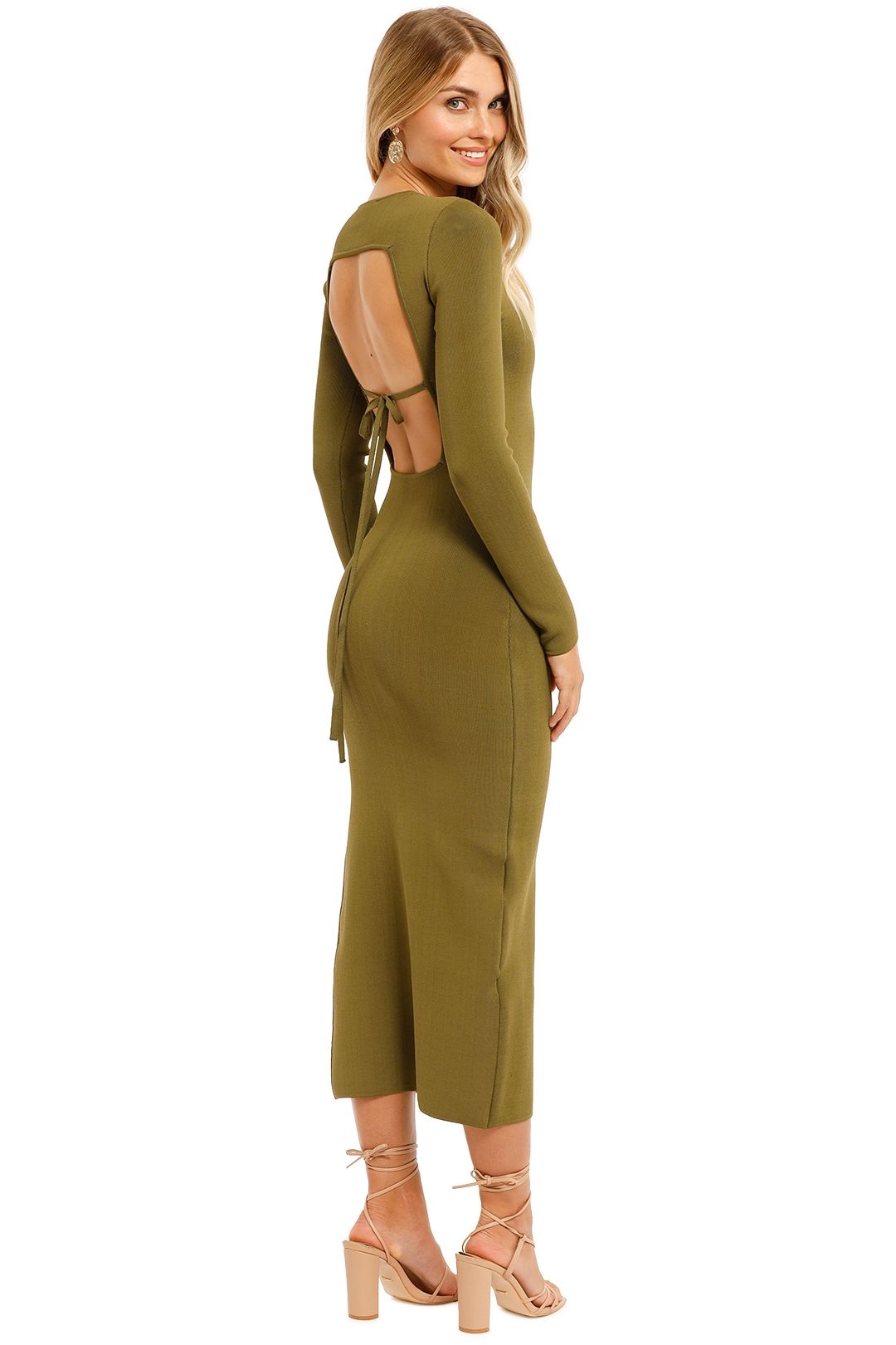 Shona Joy Long Sleeve Backless Midi Dress Olive Backless