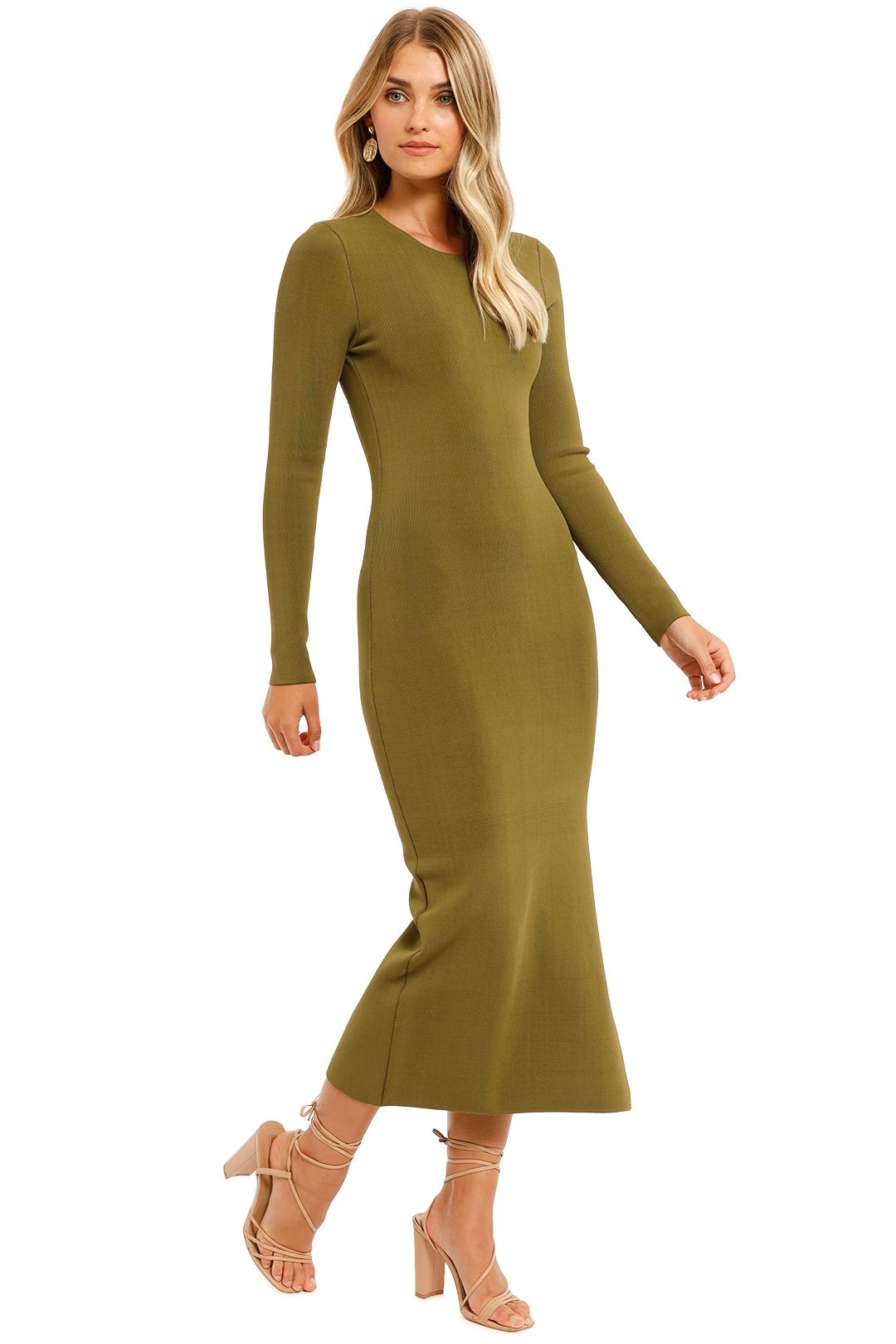 Hire Long Sleeve Backless Midi Dress in Olive | Shona Joy | GlamCorner