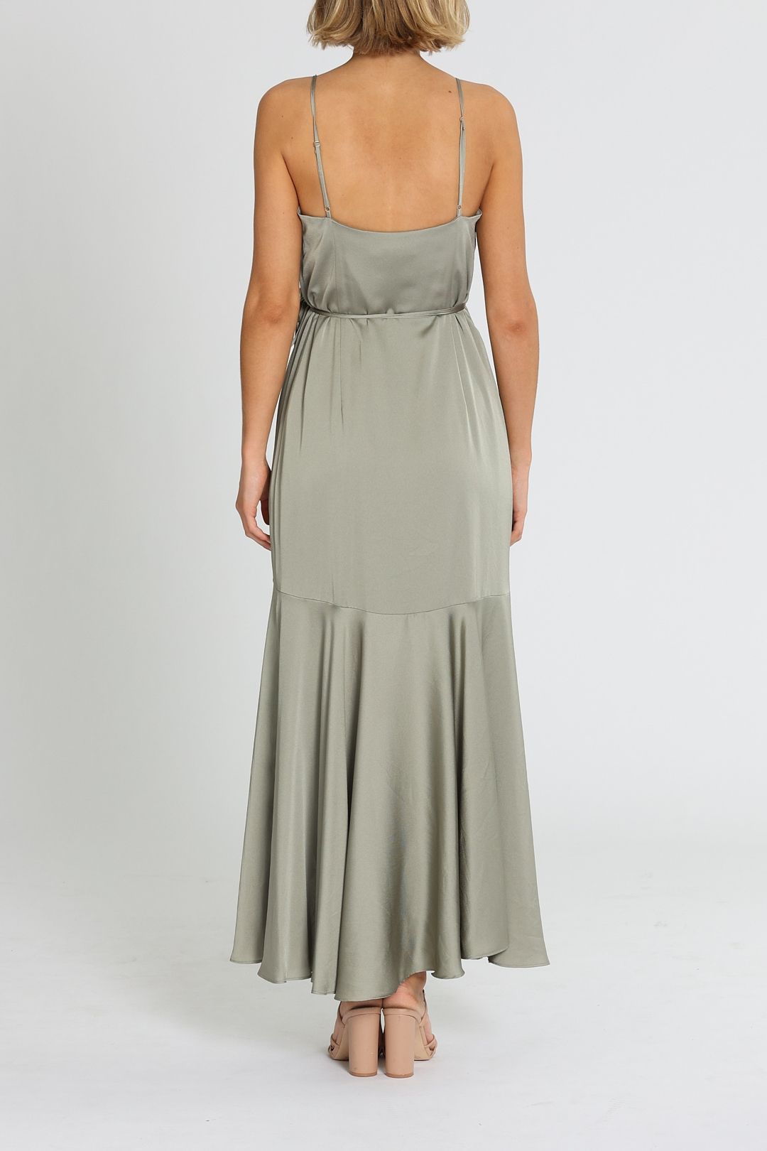 Shona Joy Luxe Bias Frill Wrap Dress Khaki Adjustable Straps