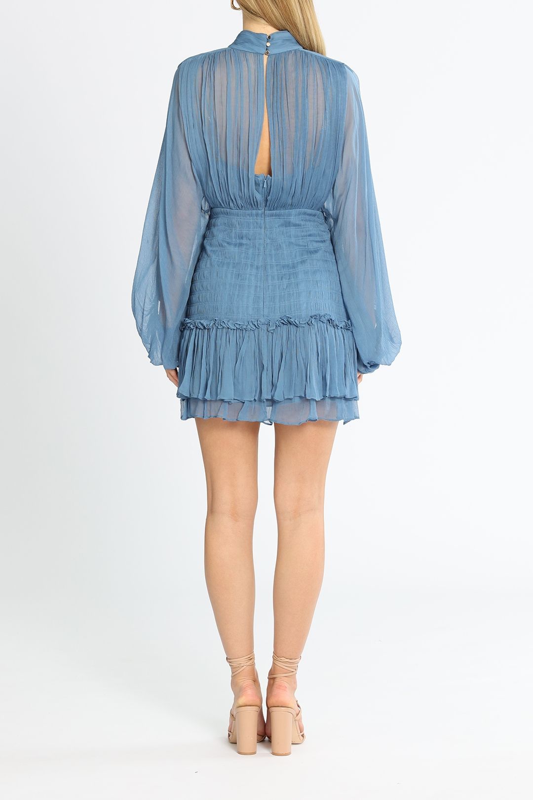 Shona Joy Noemi Ruched Mini Dress Blue Ruffles
