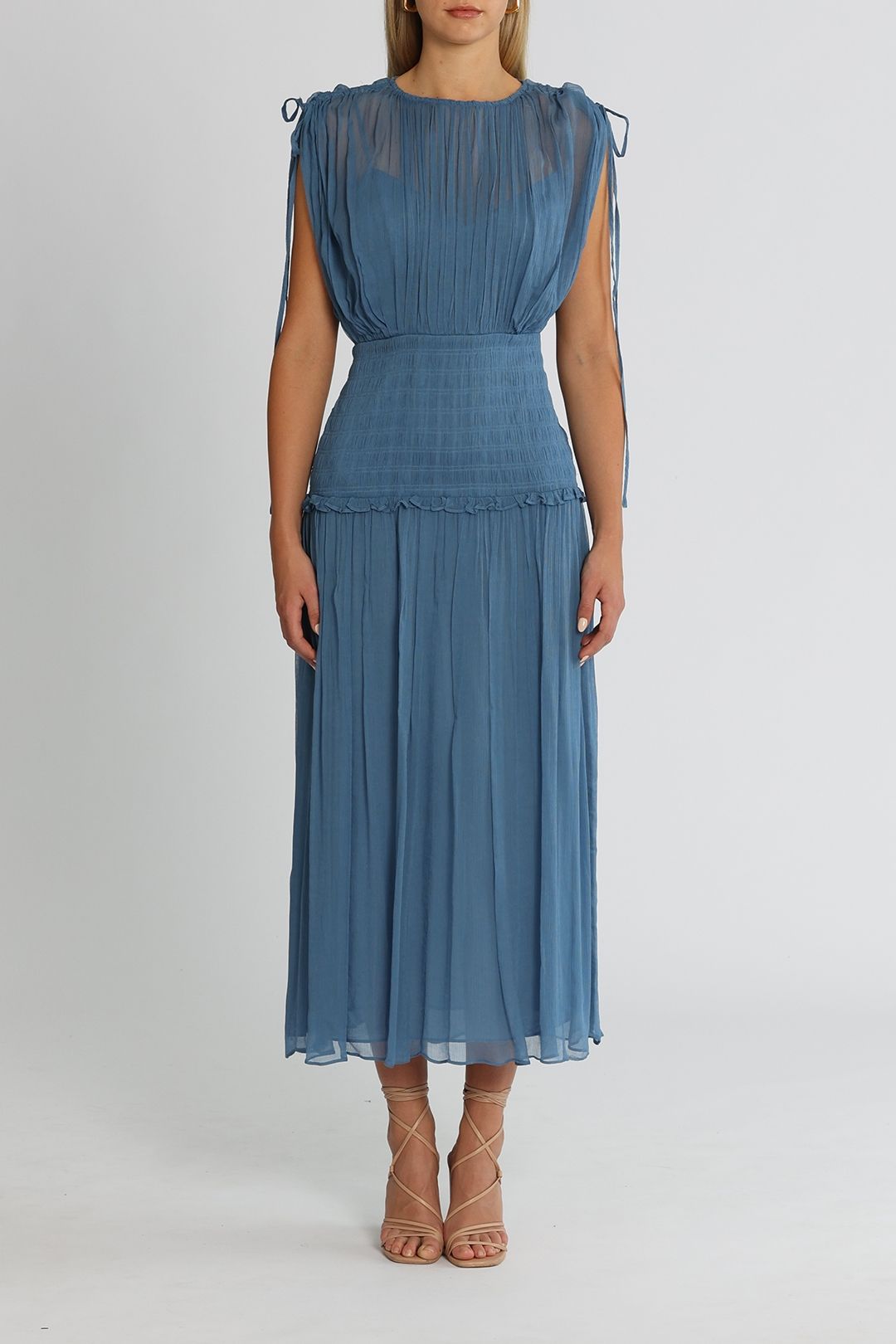 Shona Joy Noemi Short Sleeve Ruched Midi Dress Ocean