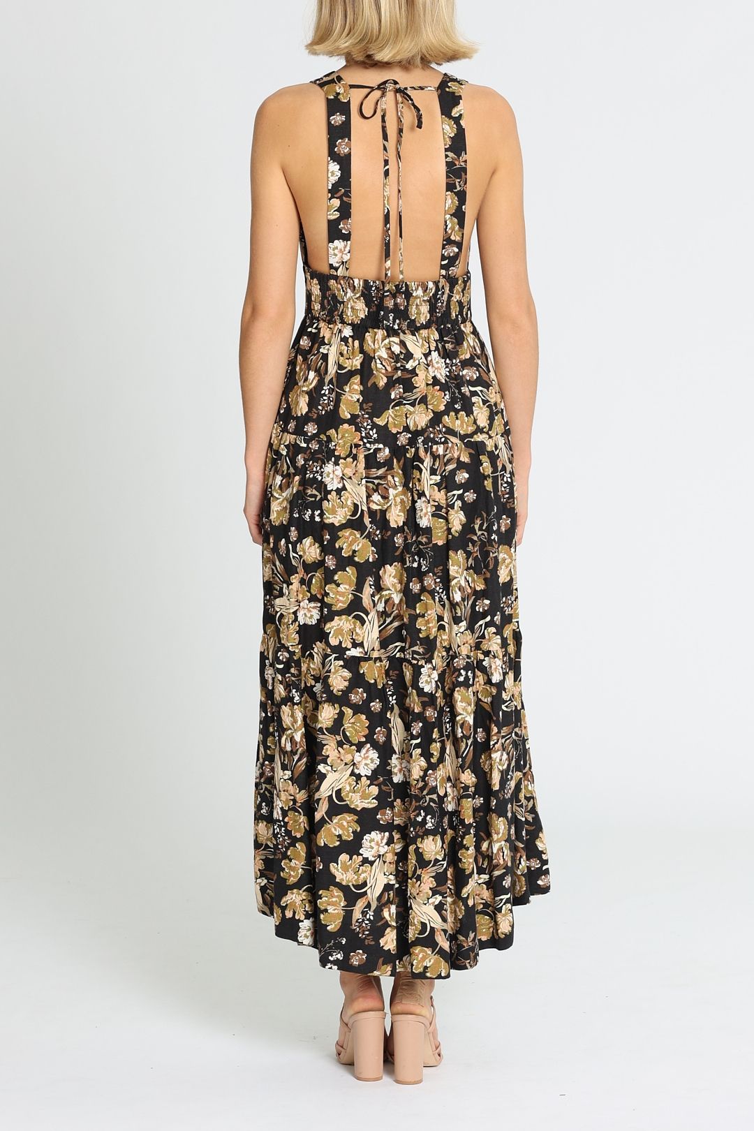Shona Joy Palermo Plunged Low Back Midi Dress Multi Tie Neck