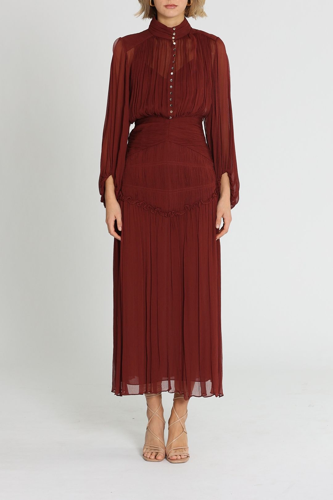 Hire Safira Button Up Ruched Midi Dress in Sangria | Shona Joy | GlamCorner