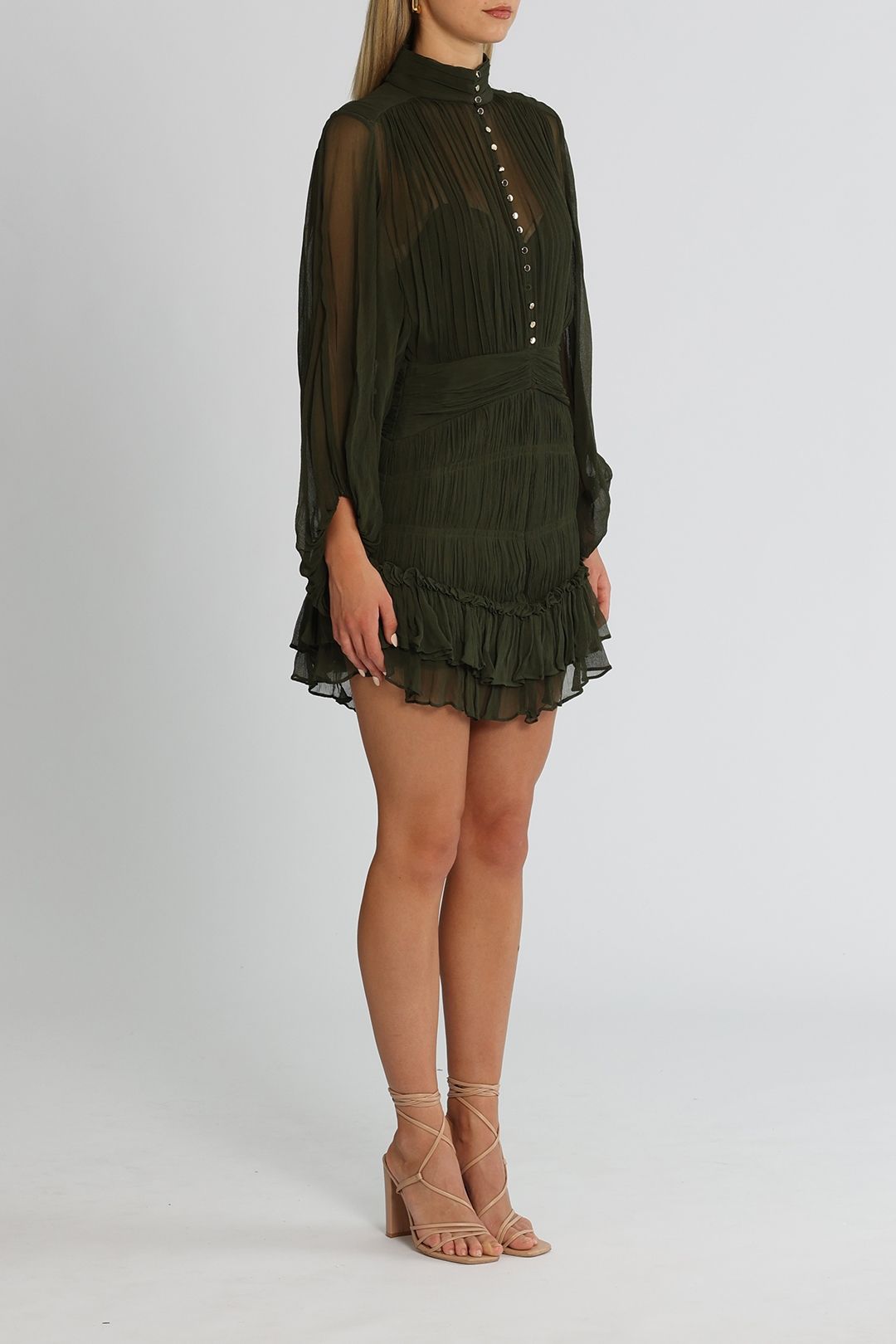 Shona Joy Safira Button Up Ruched Mini Dress Olive Long Sleeves