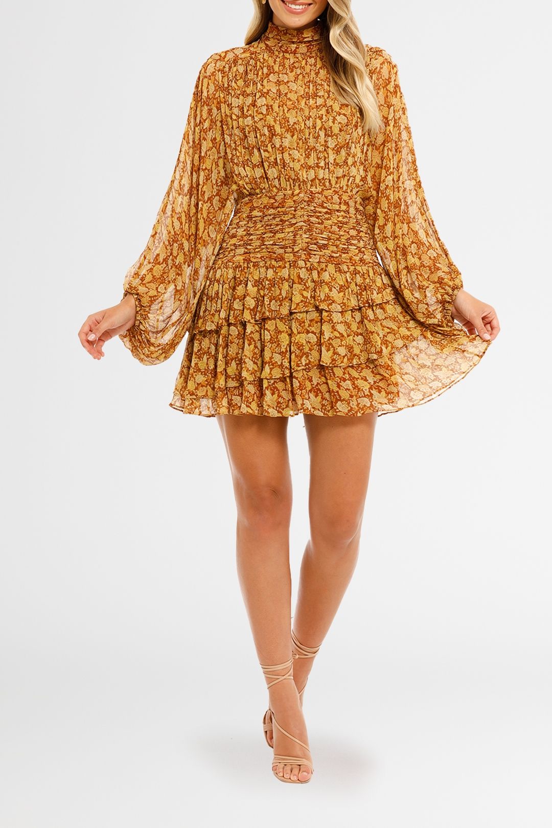 Shona Joy Sunset Ruched Mini Dress Tumeric print