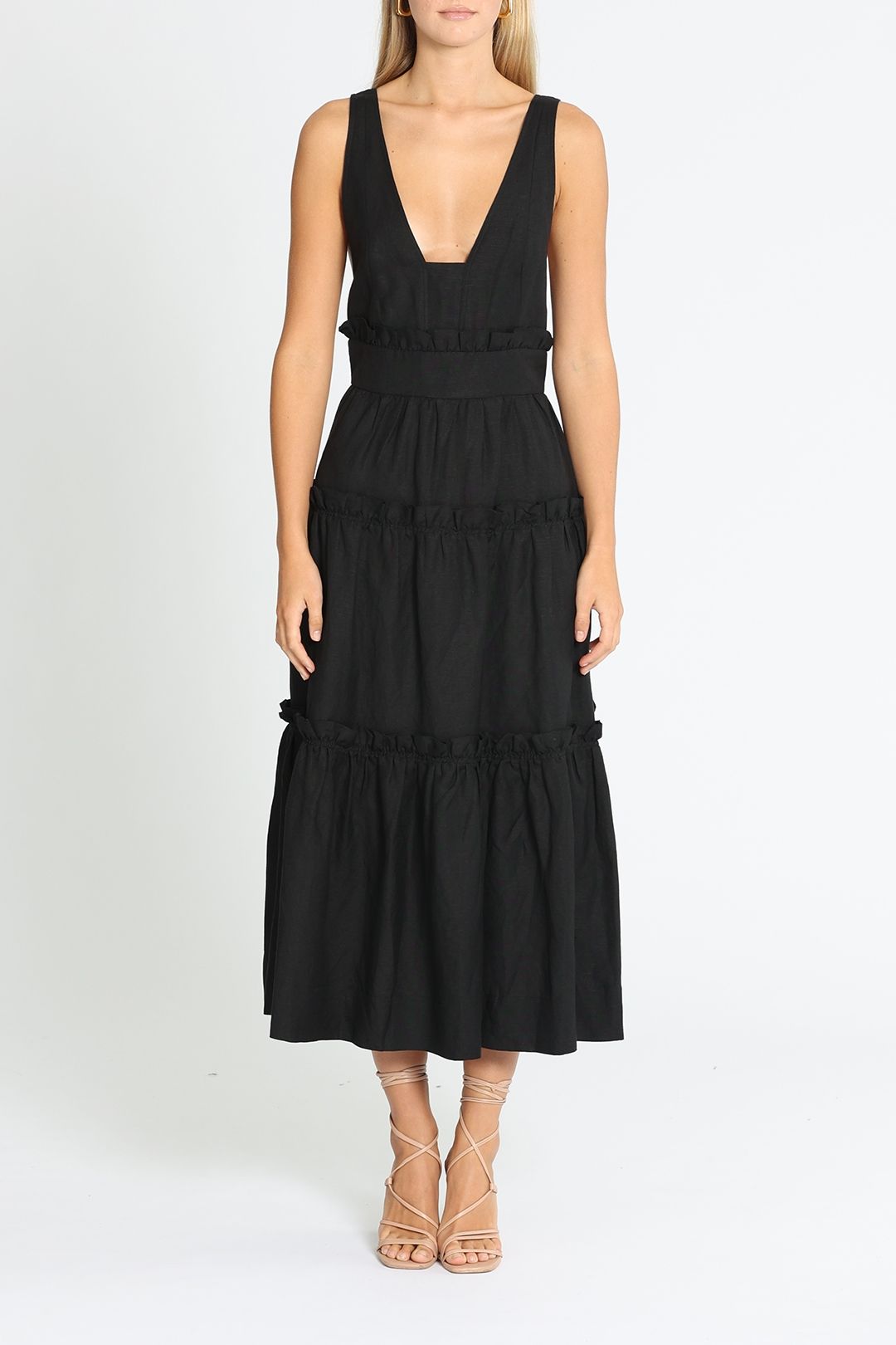 Hire Tiered Midi Dress in Black | Shona Joy | GlamCorner