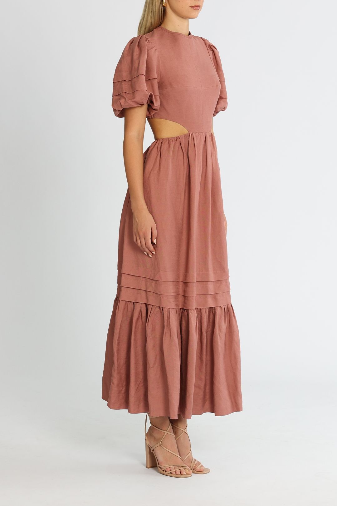 Shona Joy Vega Cut Out Open Back Midi Dress Rose Ruffled Hem